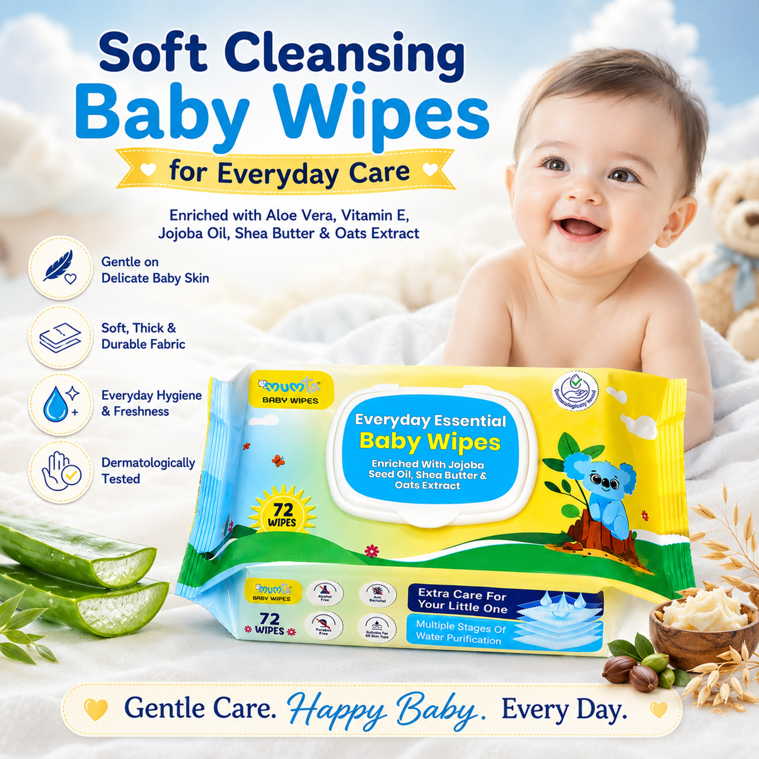 Image of Mumta Baby Wipes with Aloe Vera, Jojoba Oil, Vitamin E | Wet Wipe Pack of 5 With Lid