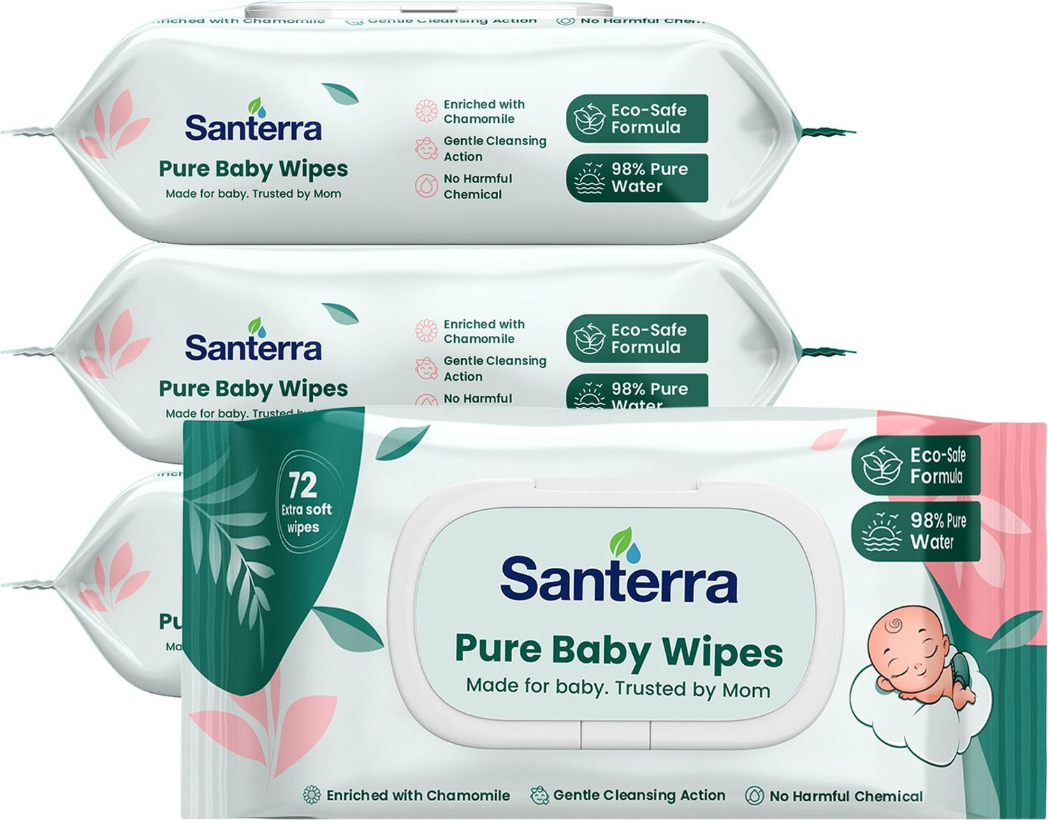 Image of Santerra Pure Baby Wipes Enriched with Chamomile & Vitamin-E Pack of 4 (288 Wipes)