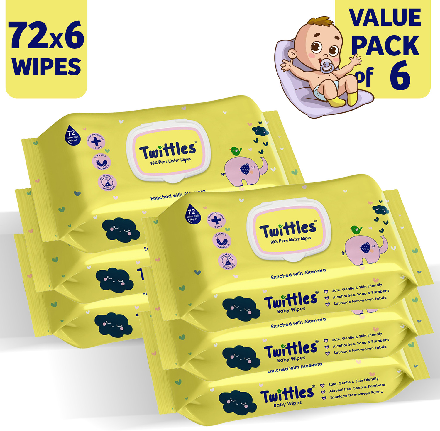 Image of Twittles Soft & Gentle Baby Cleansing Wipes With Lid, 99% Water & Aloe Vera | Pack of 6