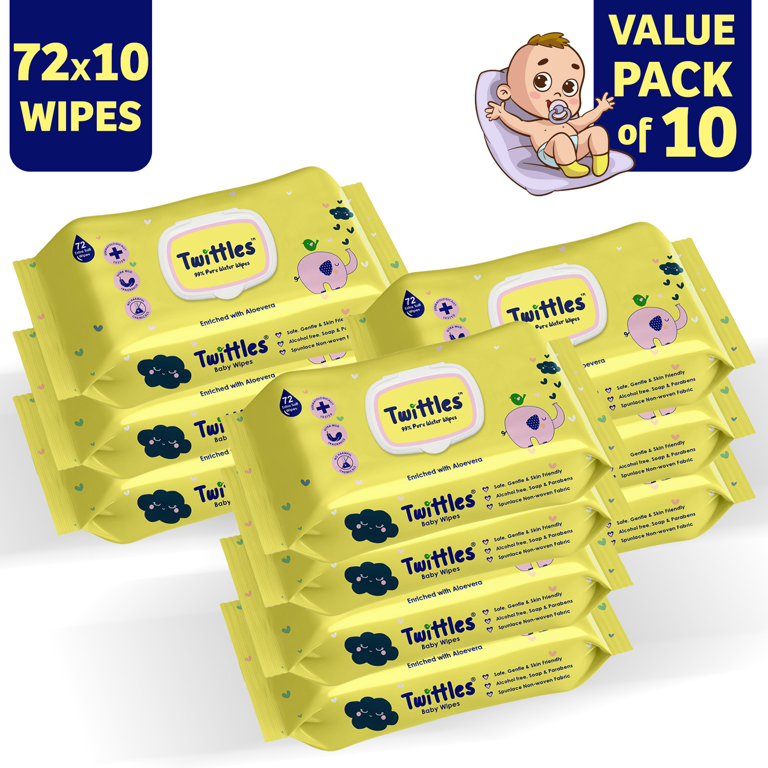 Image of Twittles Soft & Gentle Baby Cleansing Wipes With Lid, 99% Water & Aloe Vera | Pack of 10