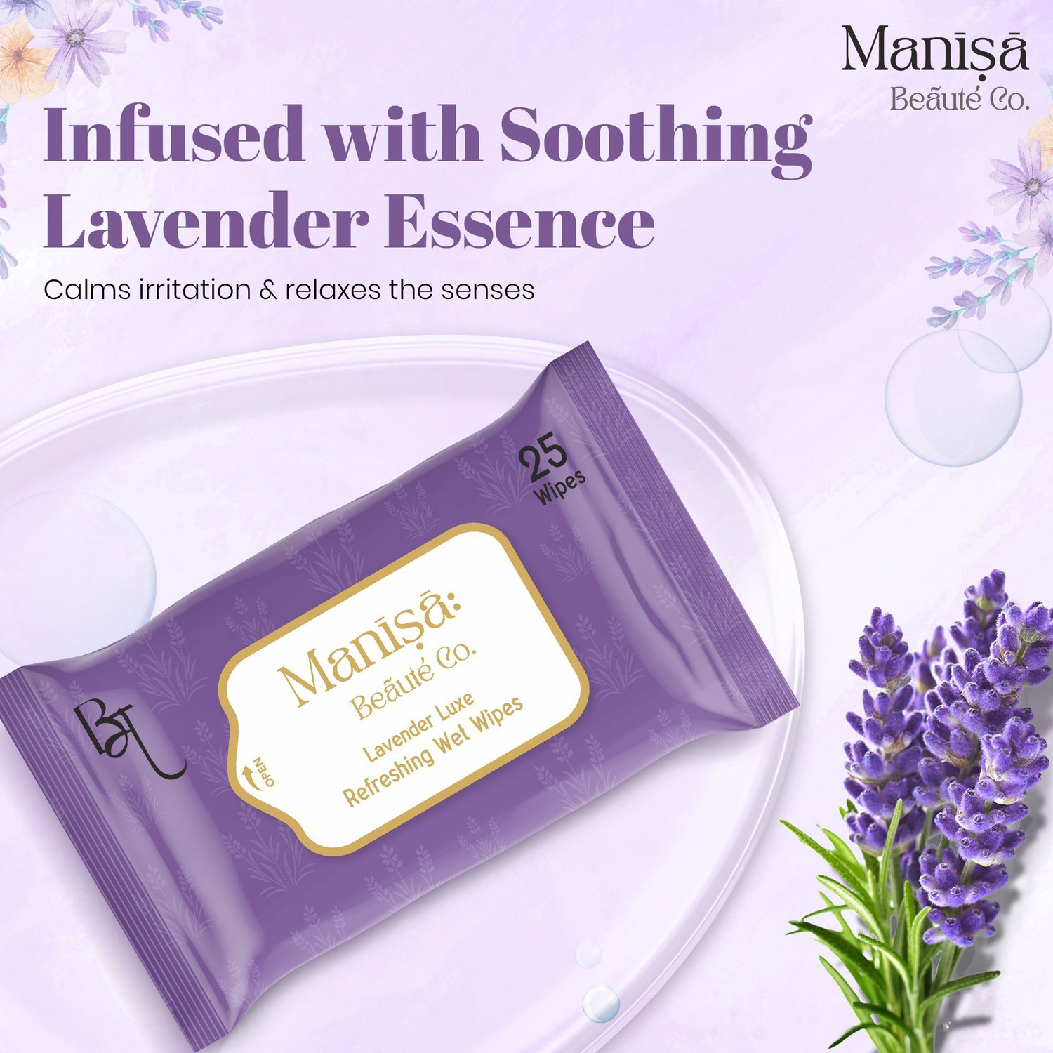 Image of Manisa Beaute Co LavenderLuxe Refreshing Wet Wipes, Alcohol Free & Vegan, (Pack of 8)