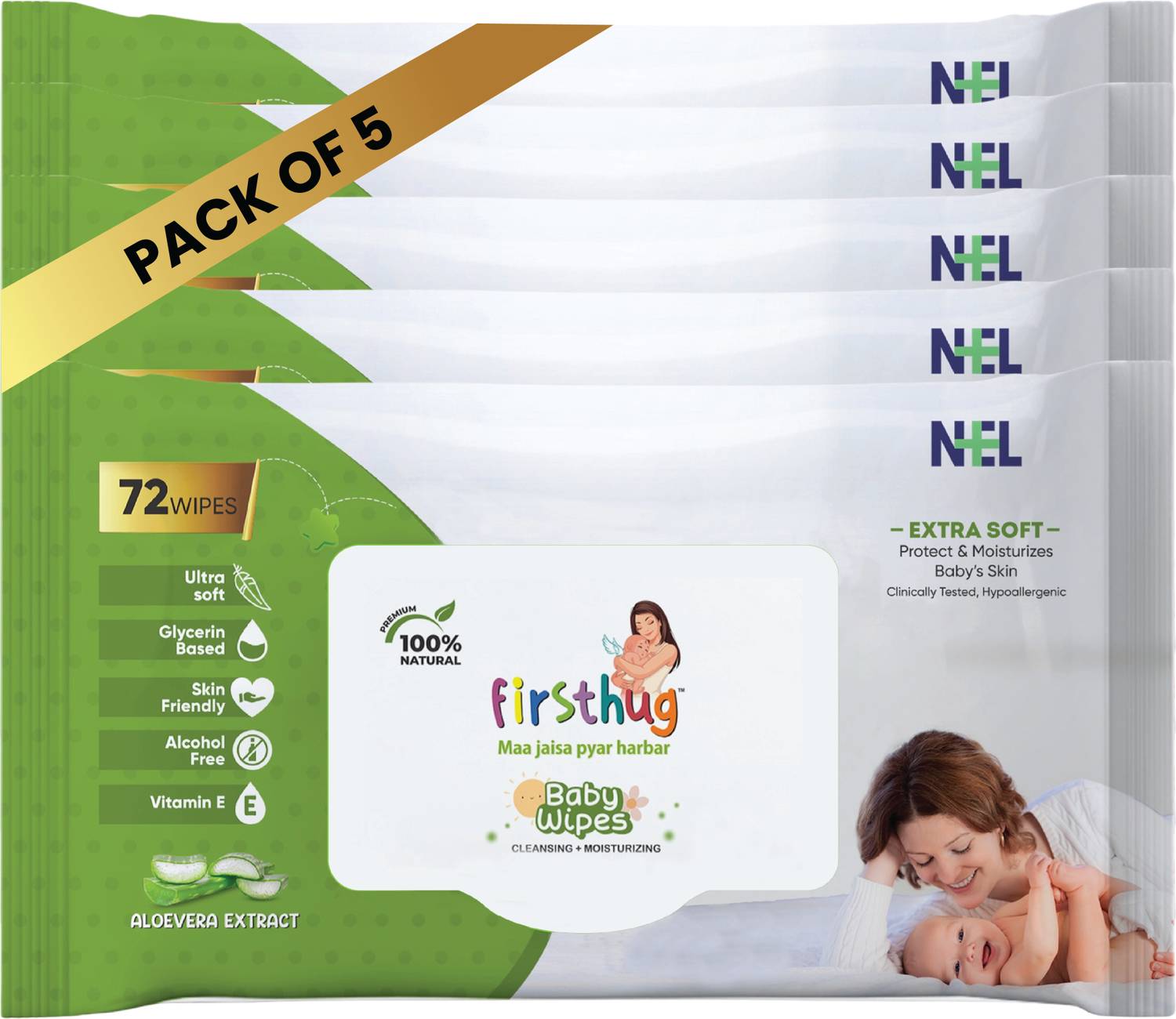Firsthug Super Soft Cleansing Wet Baby Wipes Without Lid |Aloe Vera Extract| (Pack - 5)