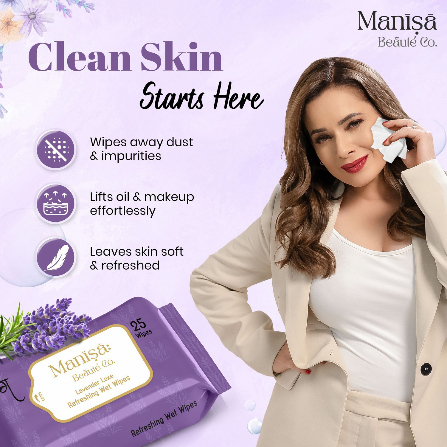 Image of Manisa Beaute Co LavenderLuxe Refreshing Wet Wipes, Alcohol Free & Vegan, (Pack of 8)