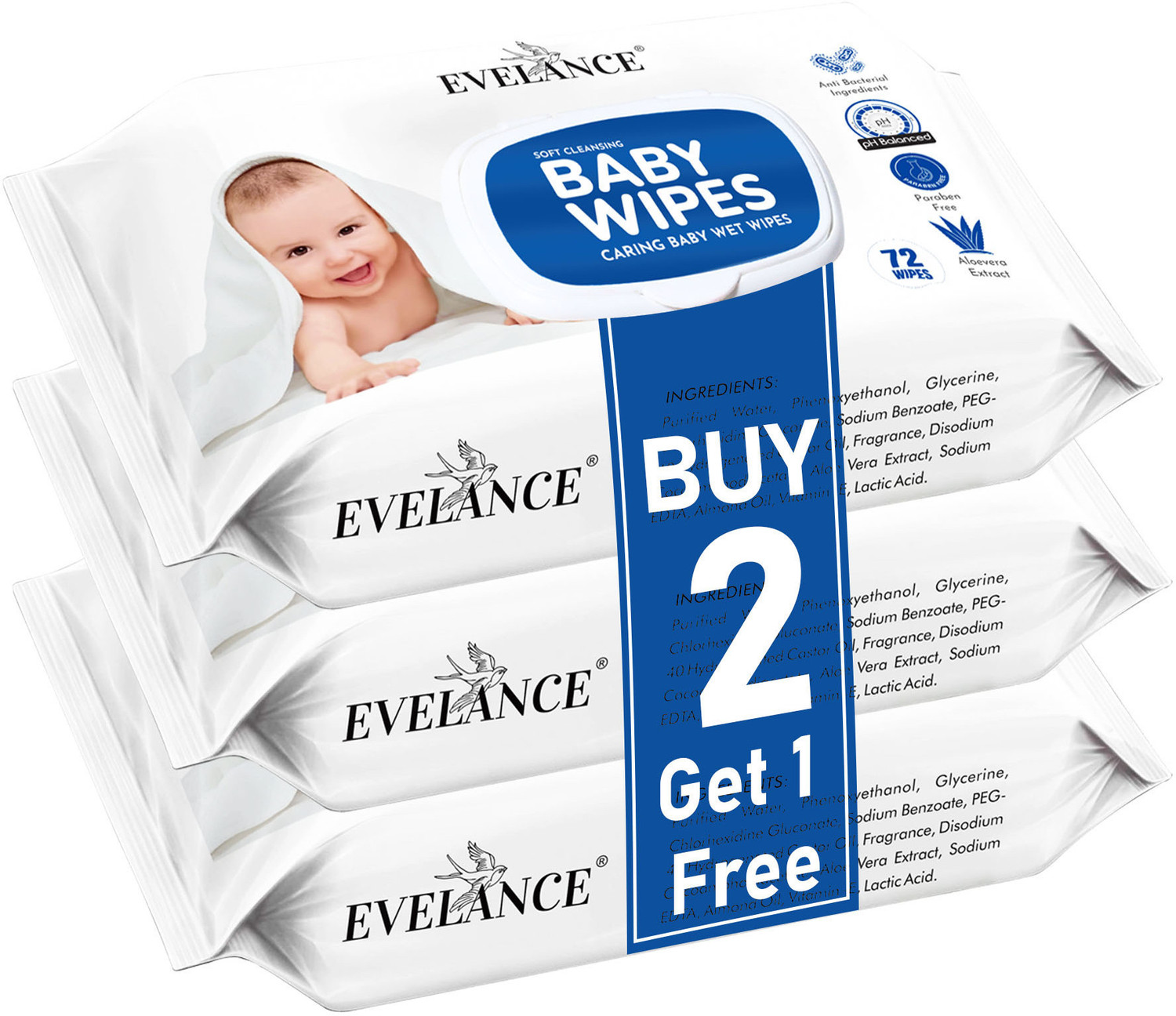 Image of EVELANCE Soft Cleansing Baby Wipes| 72 Pieces | Buy 2 Get 1 Free | Pack Of 3 (216 Wipes)