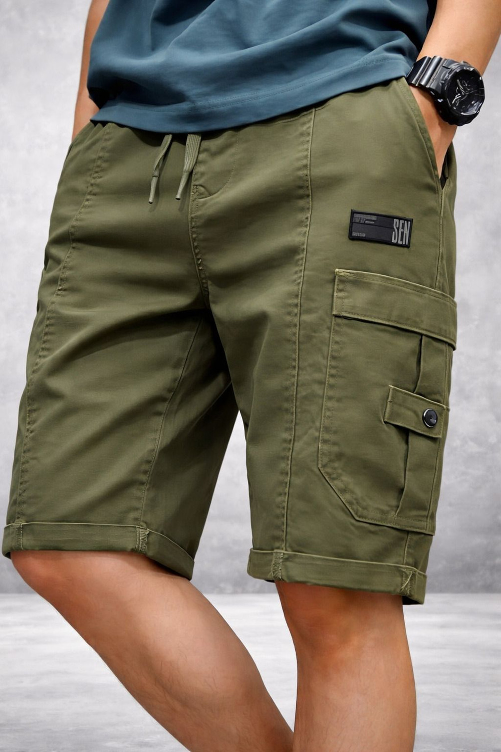 Image of UWALD CREATION Solid Men Green Cargo Shorts