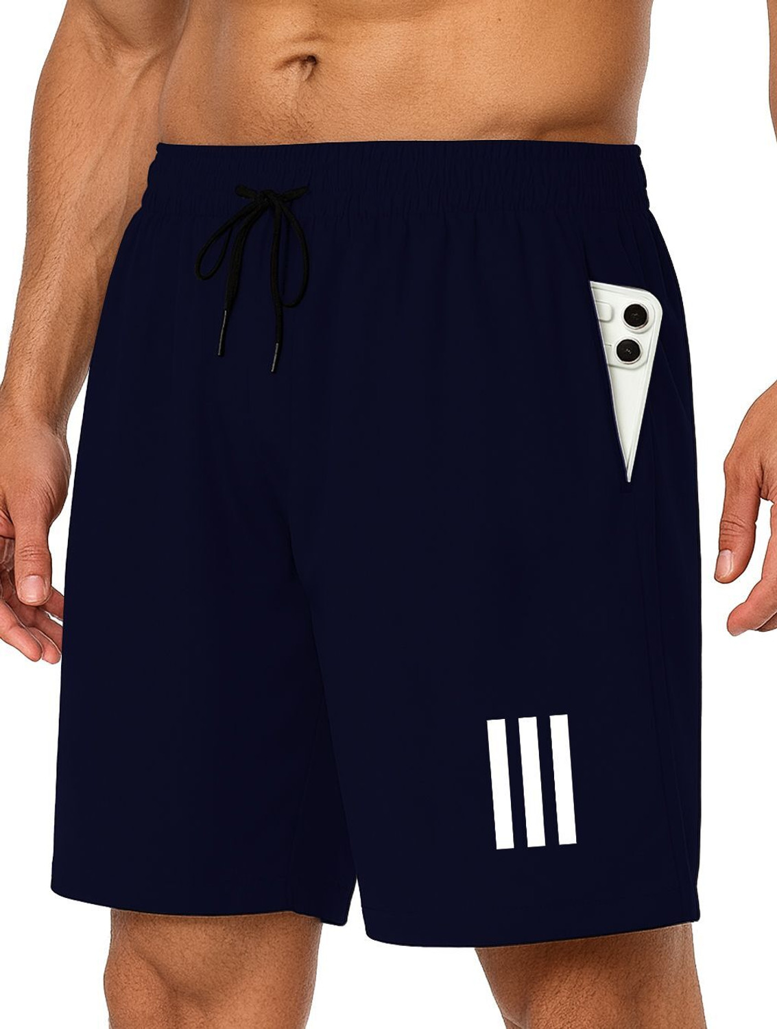 Image of AVOLT Solid, Striped Men Dark Blue, Beige Sports Shorts