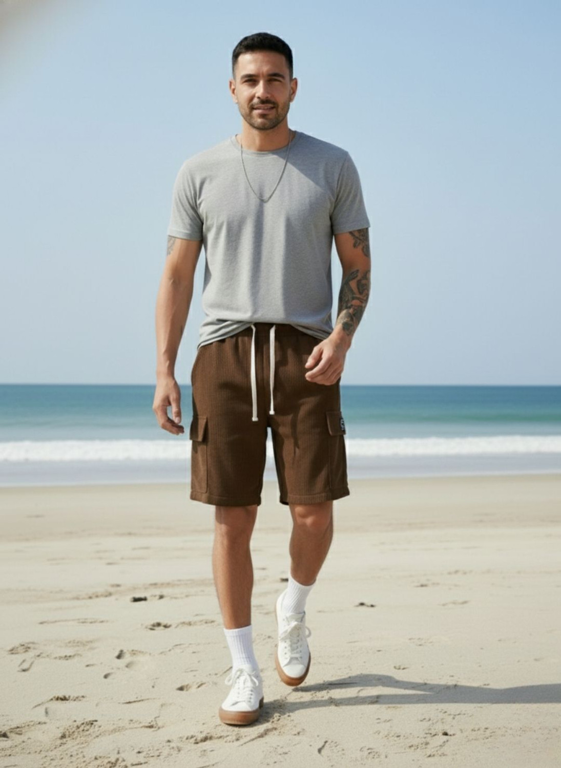 Image of INDICLUB Self Design Men Brown Cargo Shorts