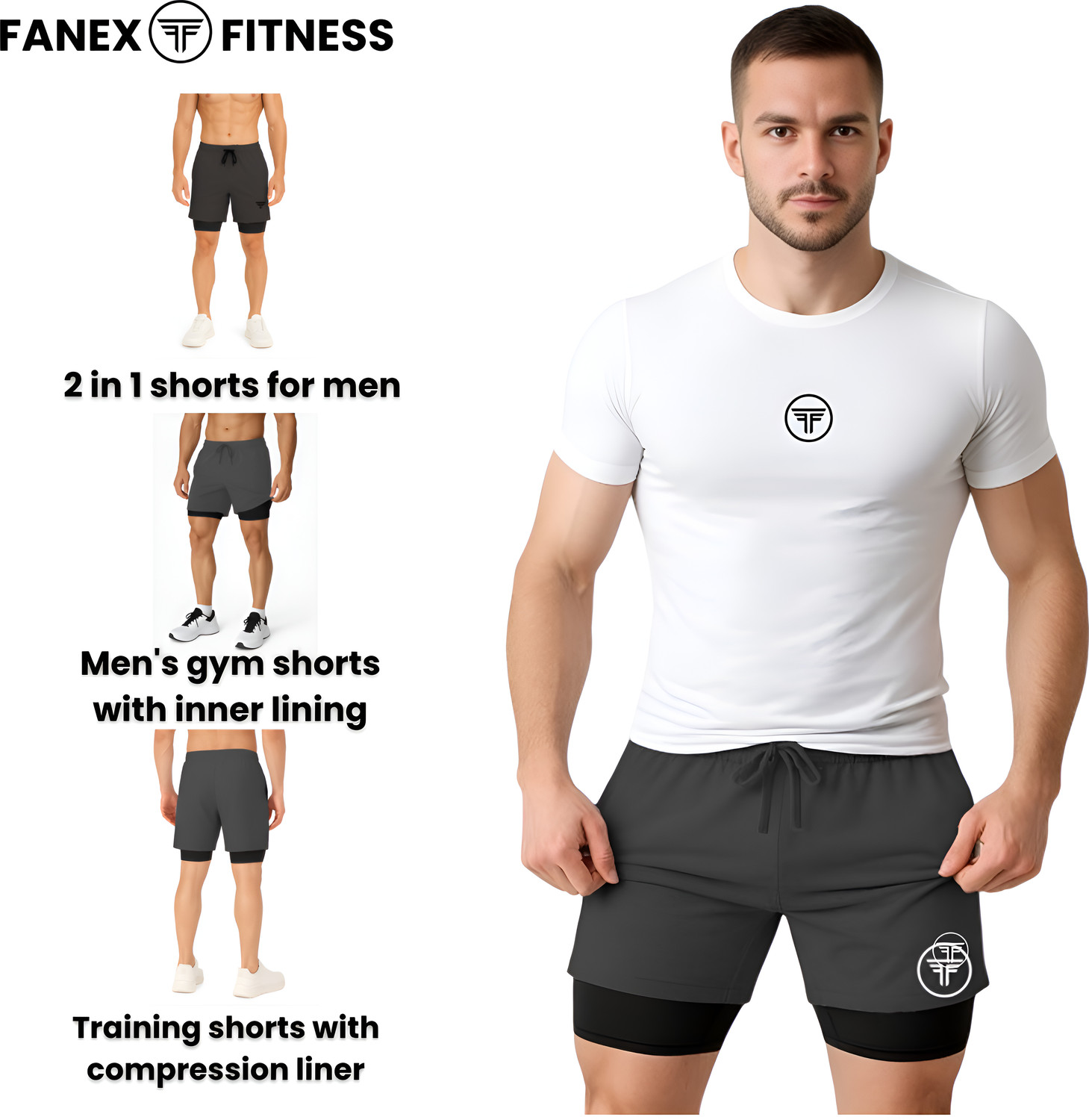 Image of FANEX FITNESS Solid Men Dark Grey Gym Shorts, Running Shorts, Sports Shorts, Compression Shorts