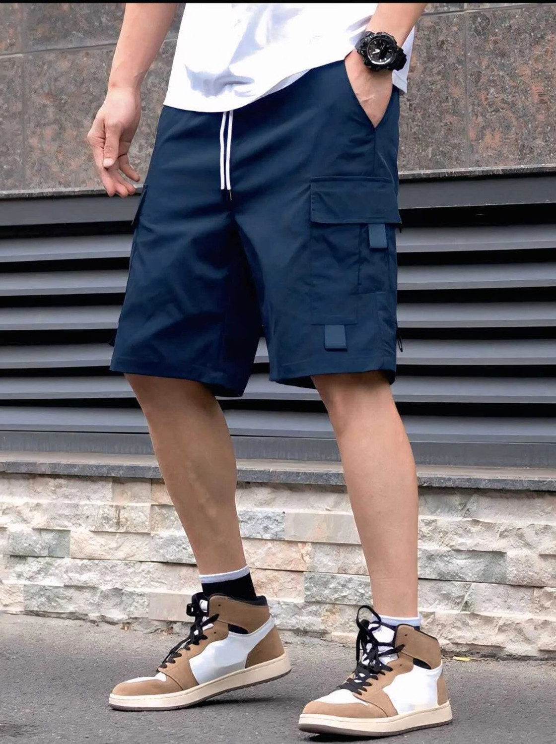 Image of TorontoCN Solid Men Dark Blue Cargo Shorts