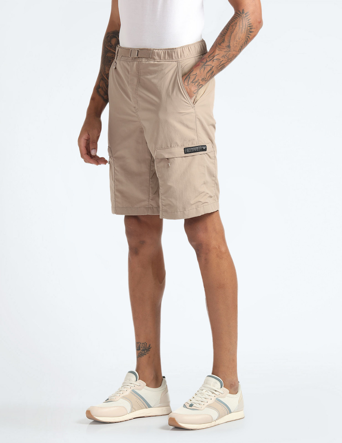 Image of FLYING MACHINE Solid Men Beige Cargo Shorts