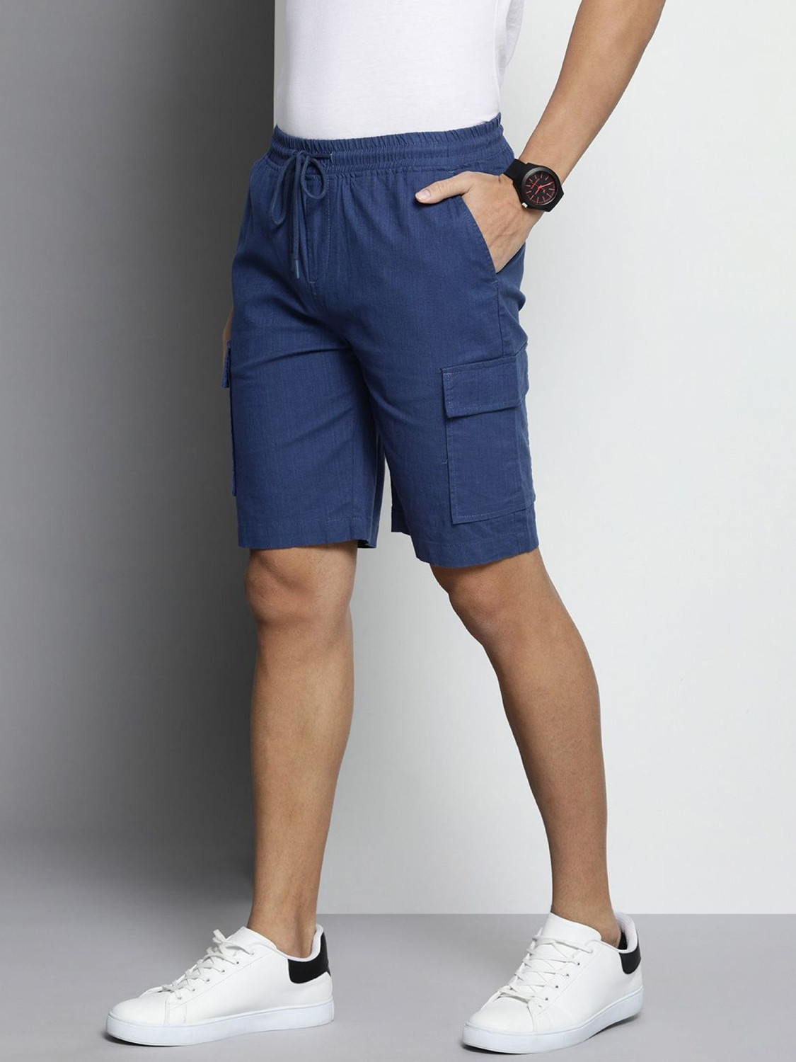 Image of The Indian Garage Co. Solid Men Blue Cargo Shorts