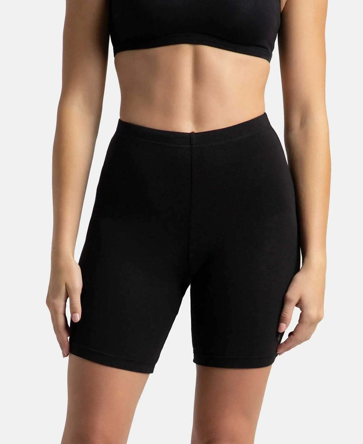 Image of JOCKEY 1529 High Coverage Super Combed Cotton Elastane Stretch Women Boy Short Black Panty
