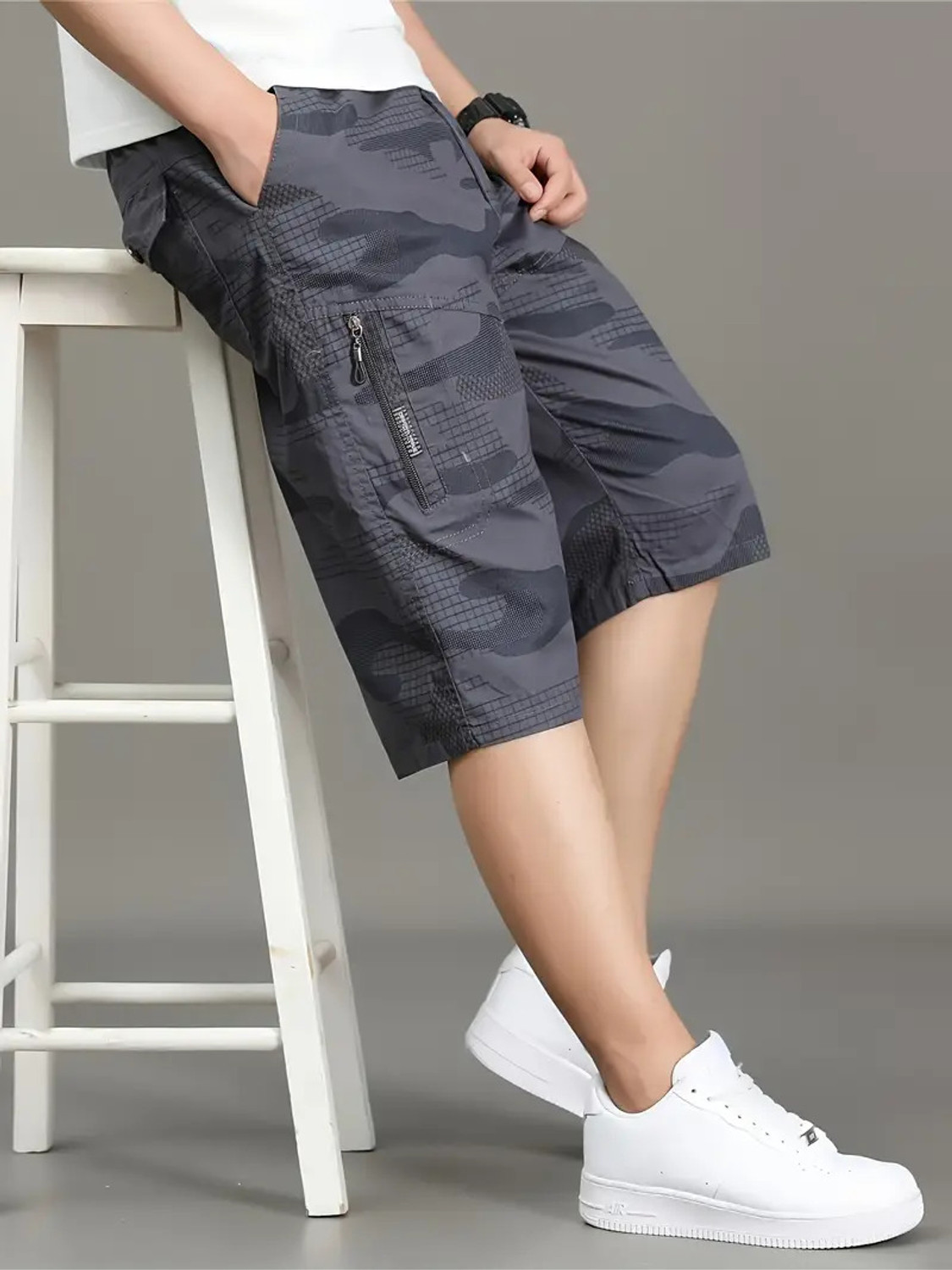 Image of sti Military Camouflage, Printed, Geometric Print Men Multicolor Cargo Shorts
