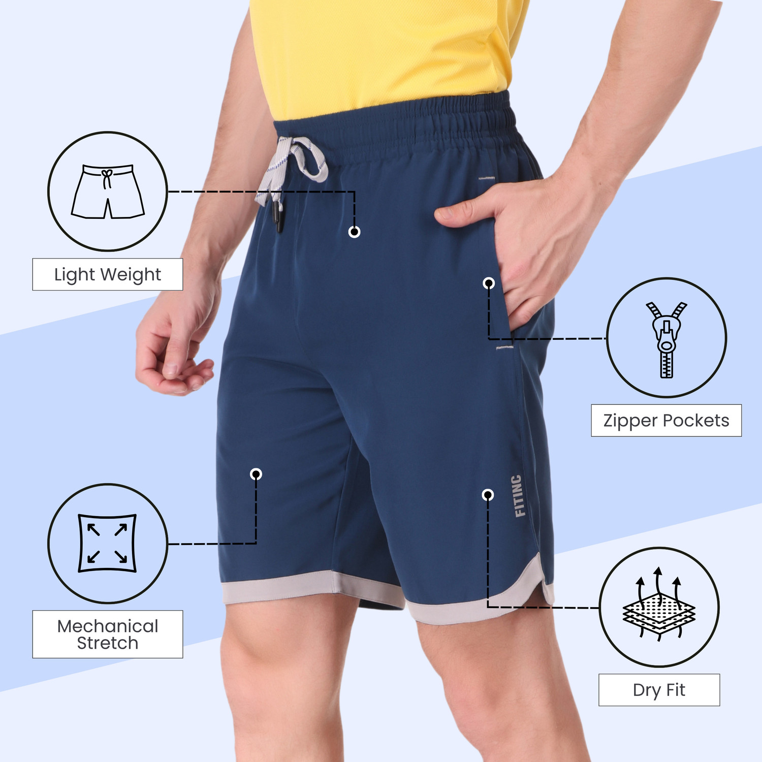 Image of Fitinc Solid Men Blue Sports Shorts, Regular Shorts, Running Shorts, Gym Shorts, Cycling Shorts