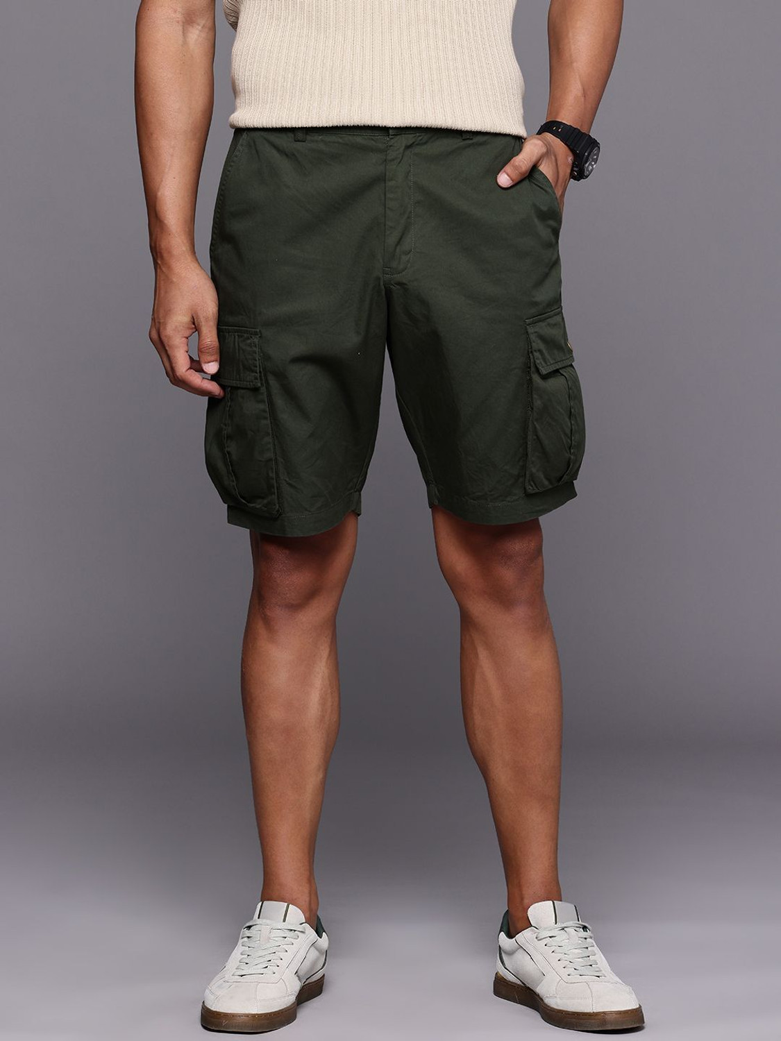 Image of Orizzy Solid Men Dark Green Cargo Shorts