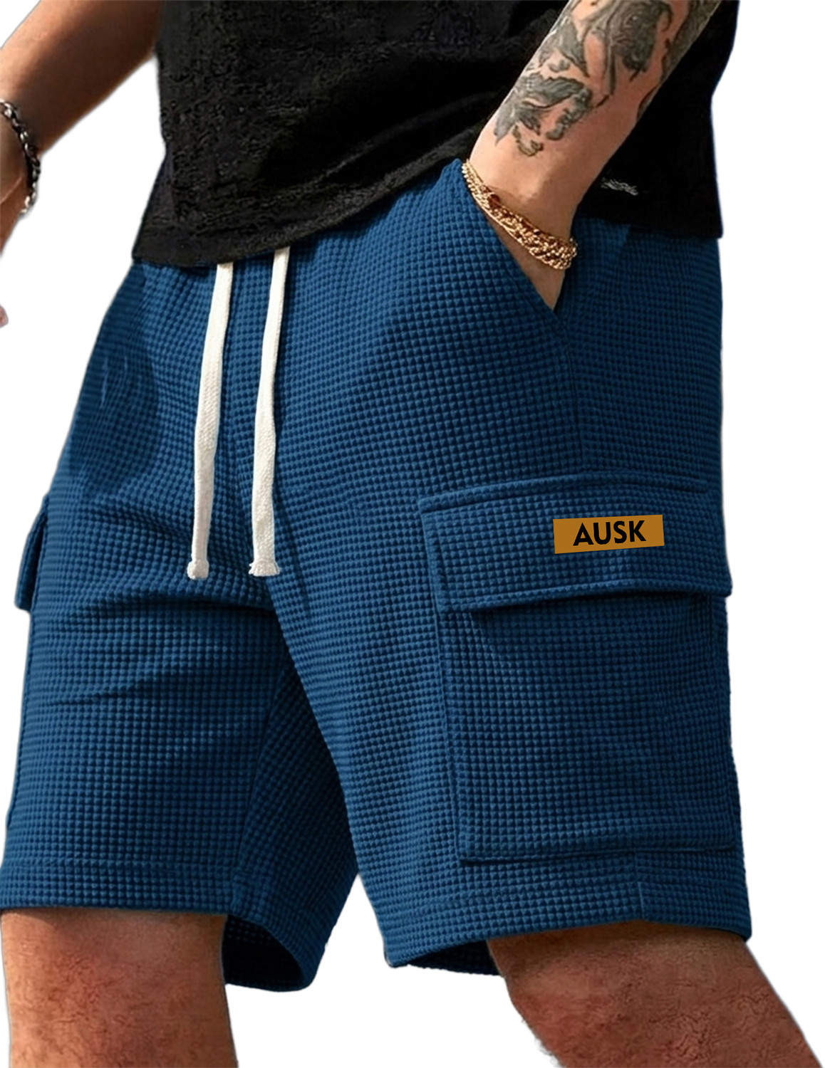 Image of AUSK Solid, Self Design Men Dark Blue Casual Shorts