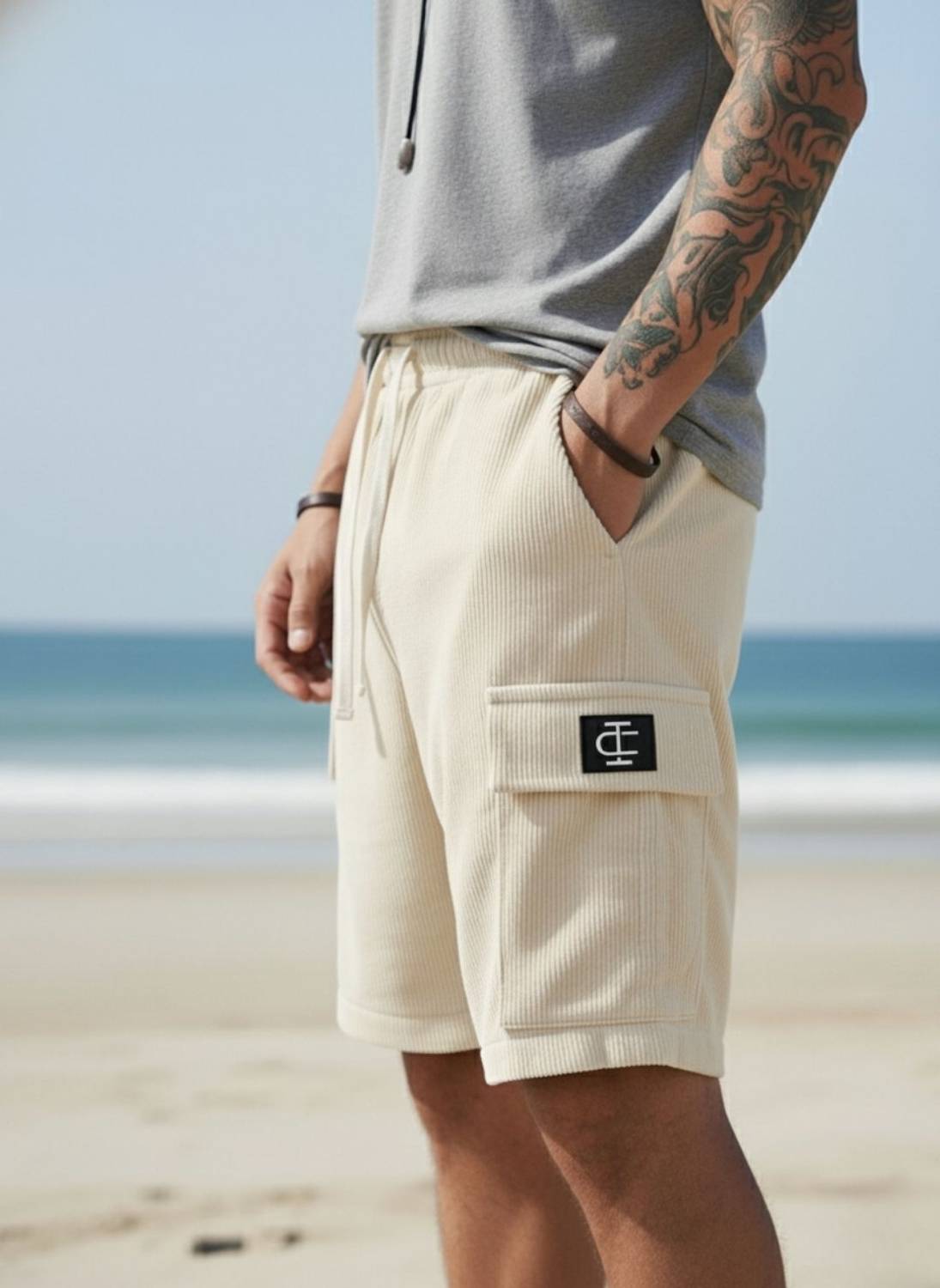 INDICLUB Men Beige Cargo Shorts - Image 3