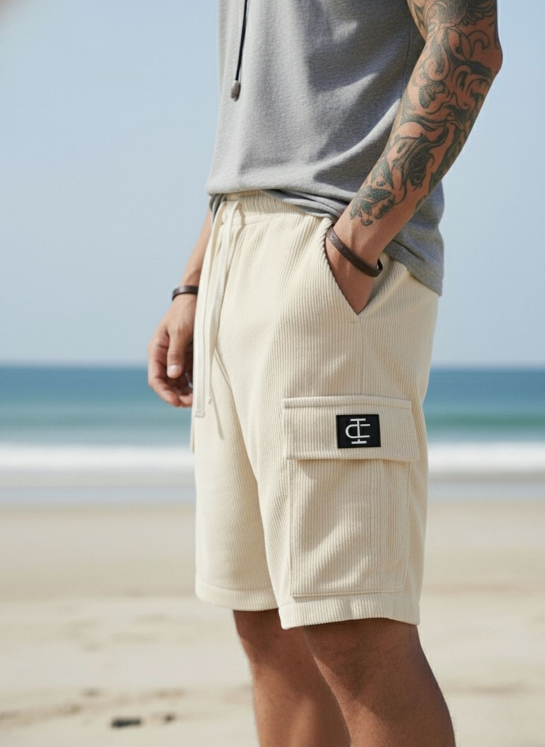 Image of INDICLUB Self Design Men Beige Cargo Shorts