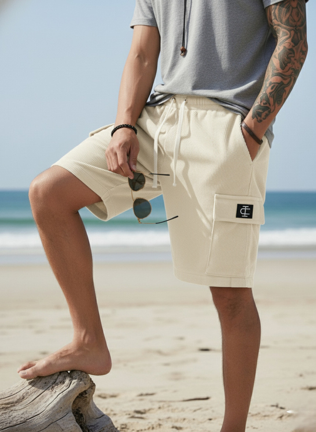 Image of INDICLUB Self Design Men Beige Cargo Shorts