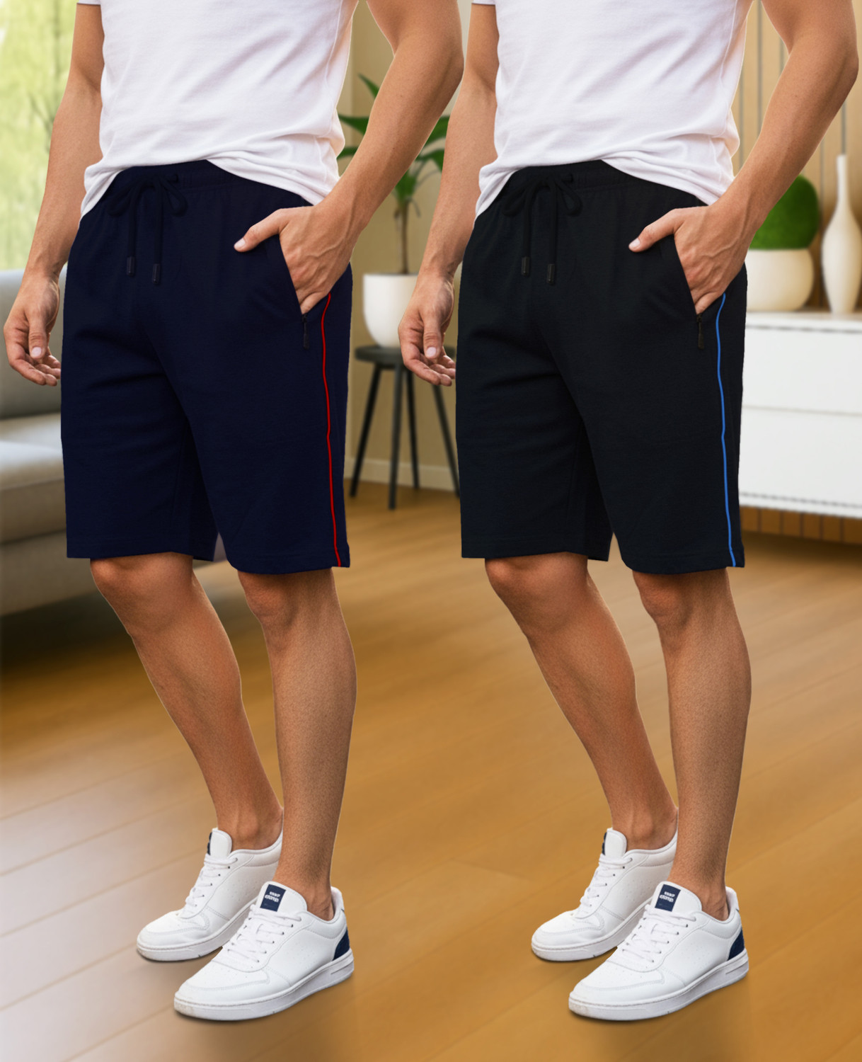 Image of FEEL TRACK Solid Men Black, Dark Blue Regular Shorts