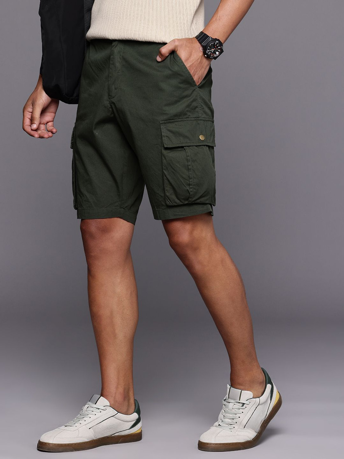 Image of Orizzy Solid Men Dark Green Cargo Shorts