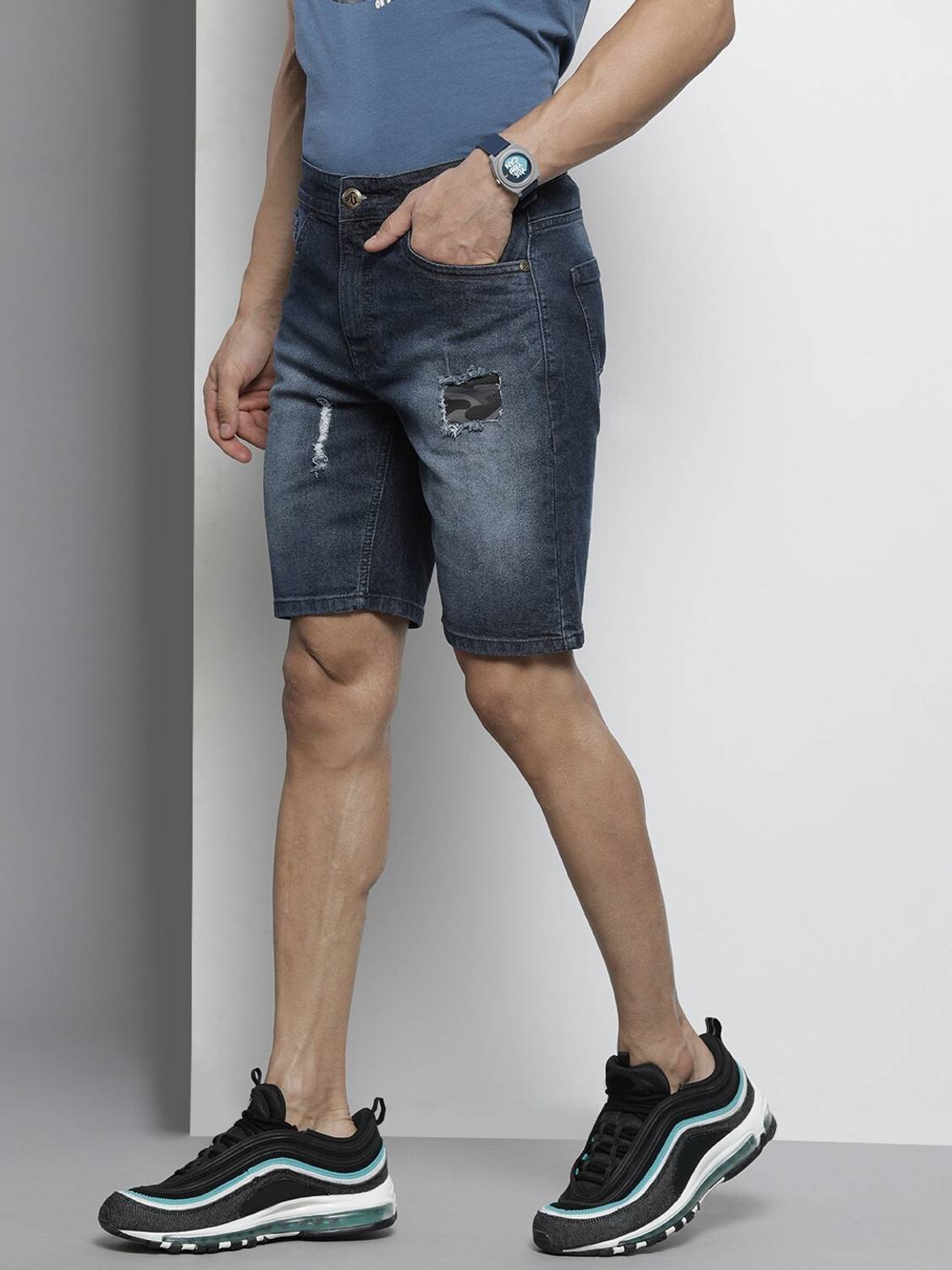 The Indian Garage Co. Solid Men Dark Blue Denim Shorts - Image 3