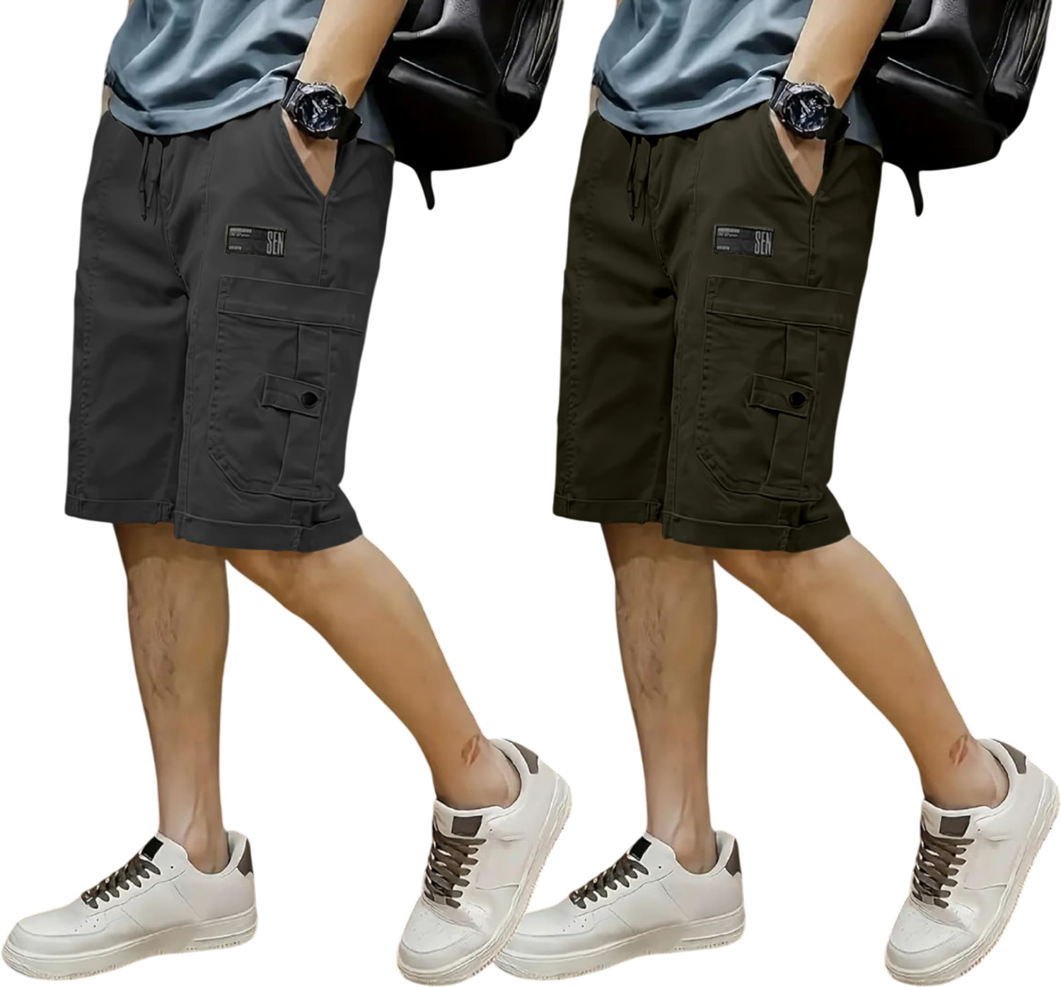 Image of ZARTHA Solid Men Dark Grey, Green Cargo Shorts