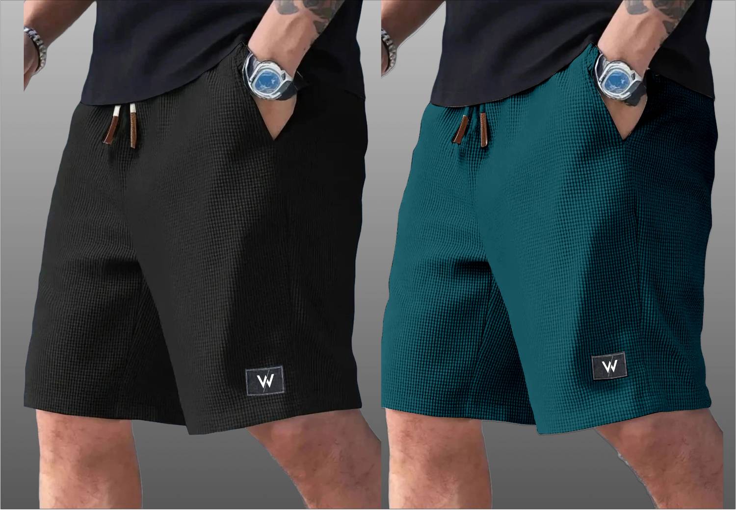 WeReKo Self Design Men Black Dark Green Regular Shorts Pack of 2