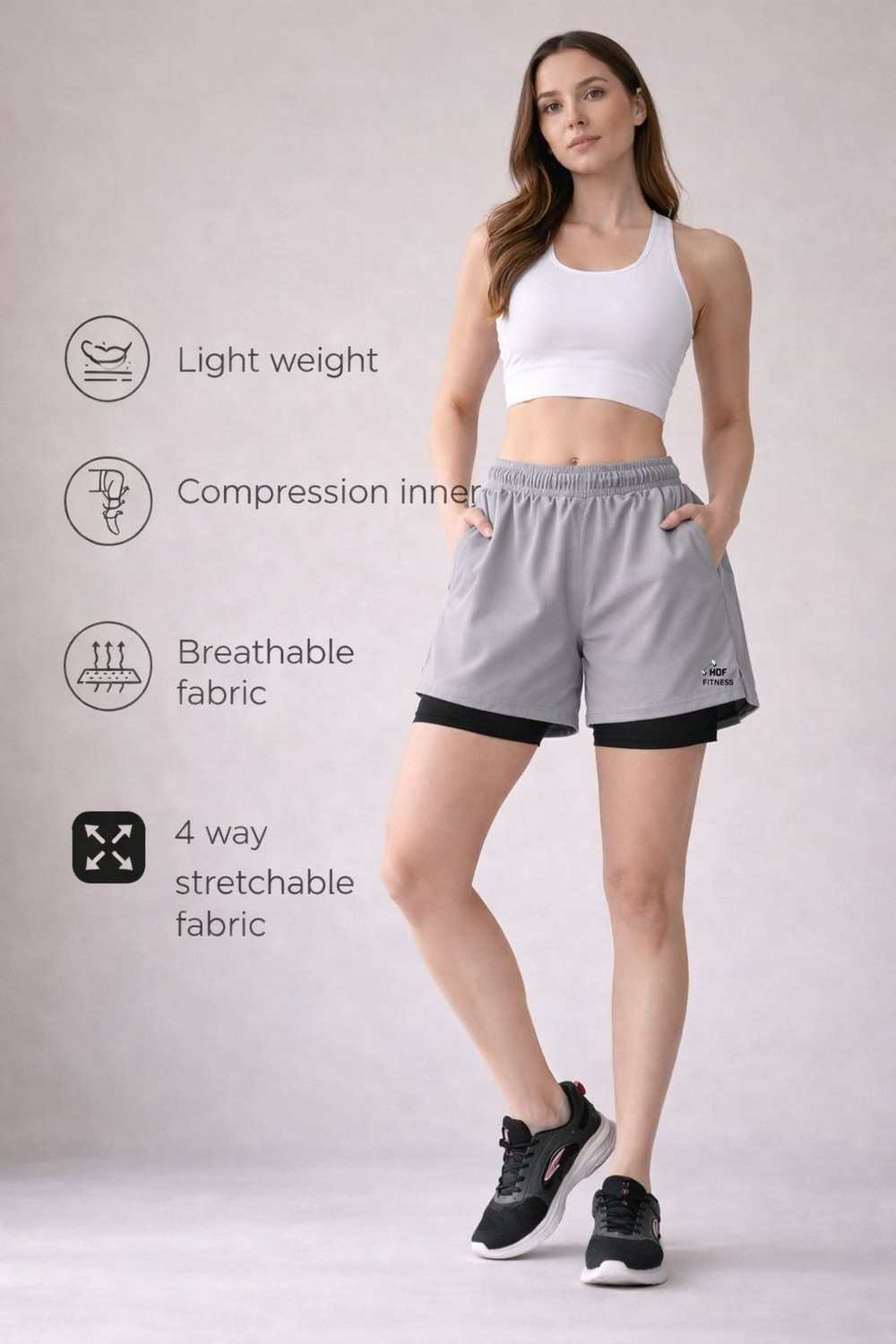 Image of HOUSE OF FUSION Solid Women Grey, Black Gym Shorts, Cycling Shorts, Running Shorts, Sports Shorts, Casual Shorts