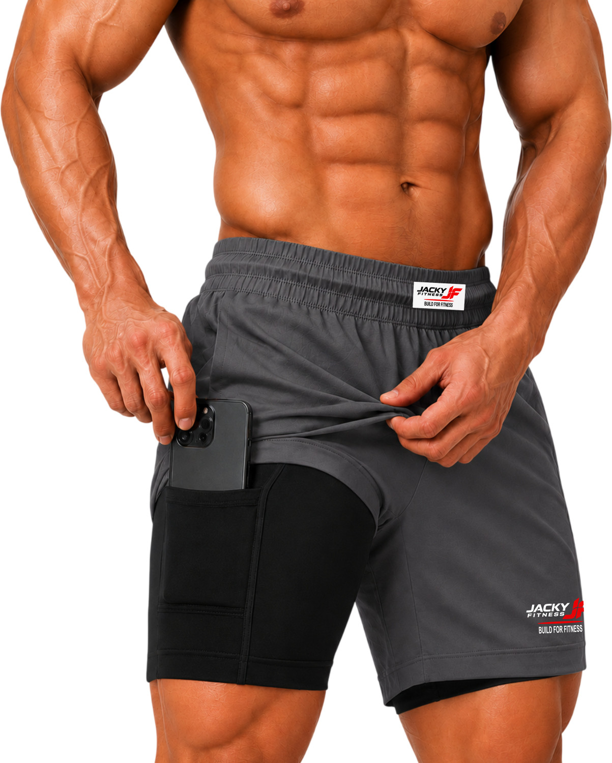 Image of JACKY FITNESS Printed Men Dark Grey Gym Shorts, Sports Shorts