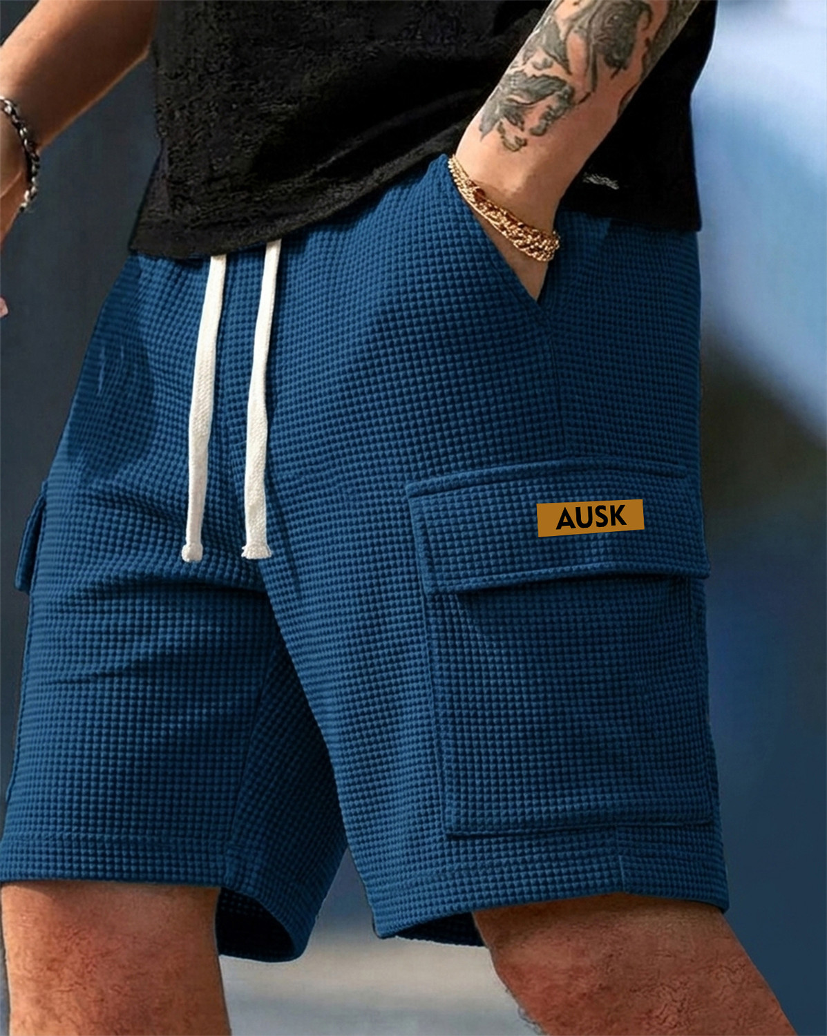 Image of AUSK Solid, Self Design Men Dark Blue Casual Shorts