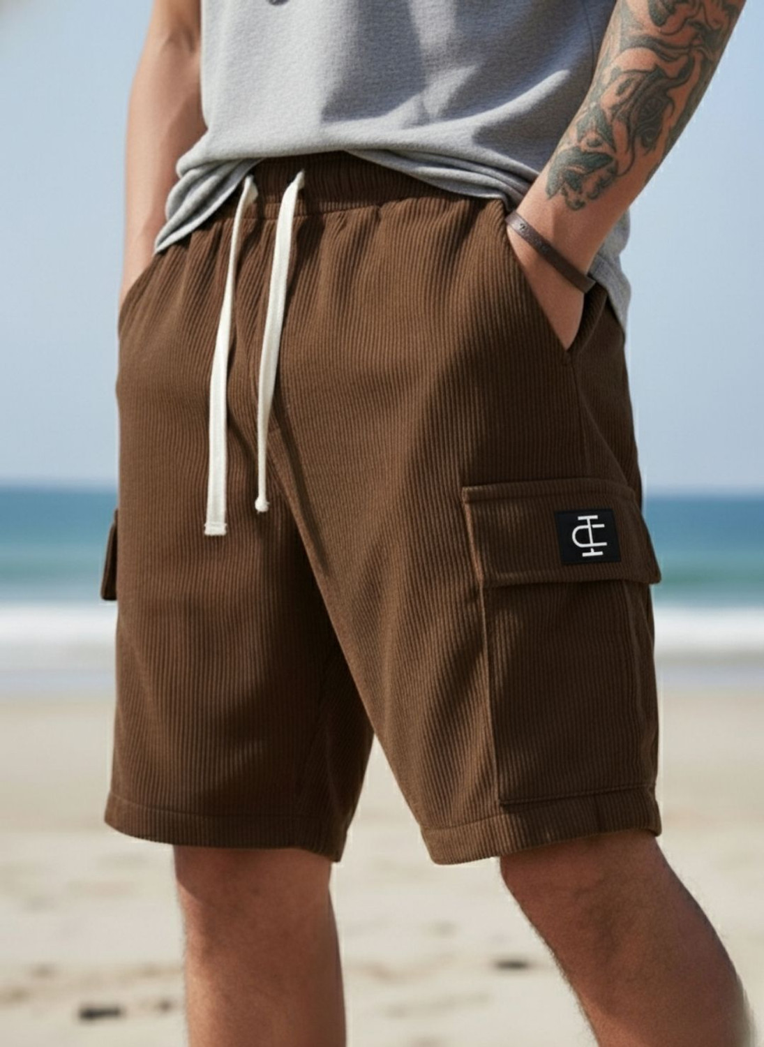 Image of INDICLUB Self Design Men Brown Cargo Shorts