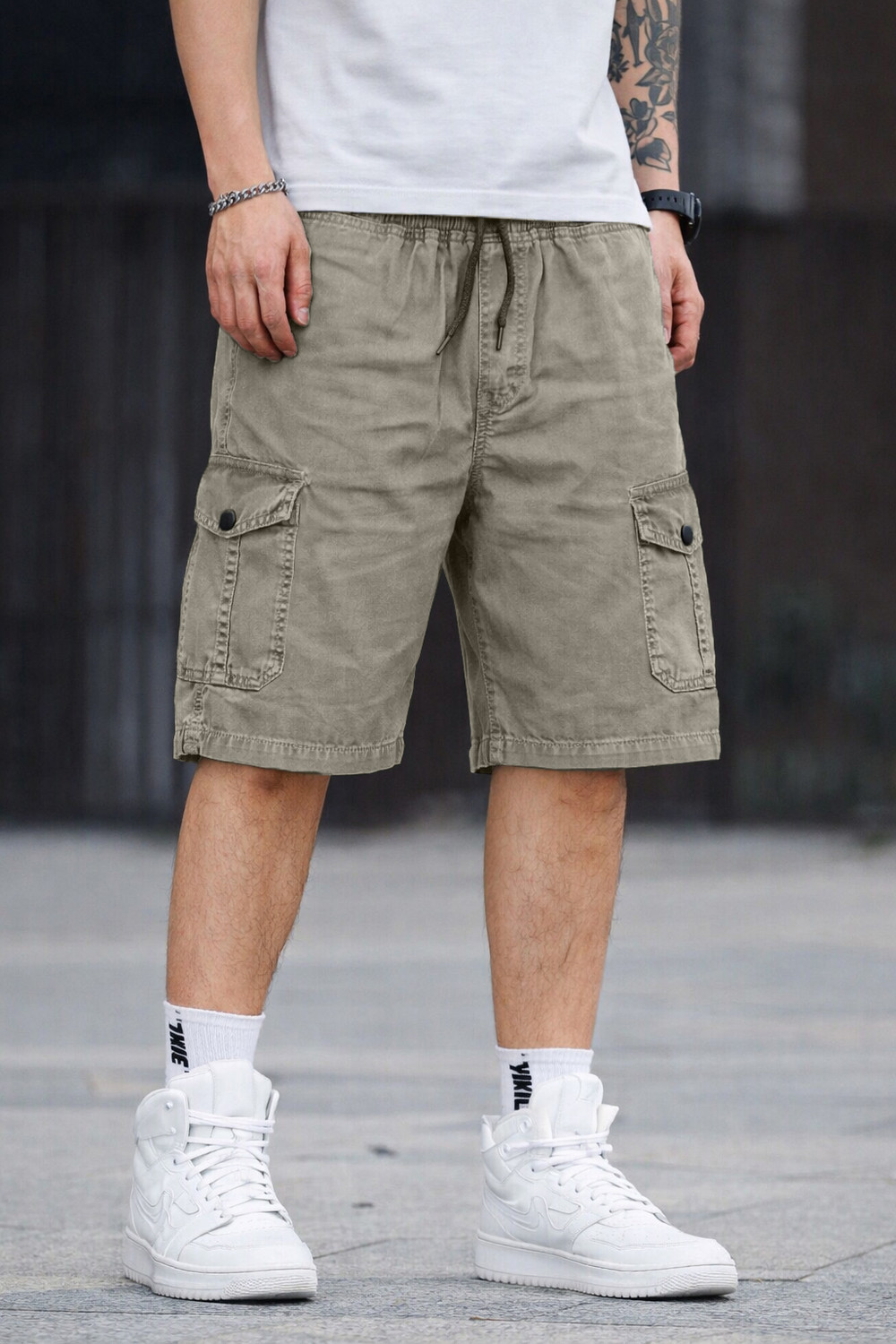 Image of Plus91 Solid Men Denim Brown Cargo Shorts