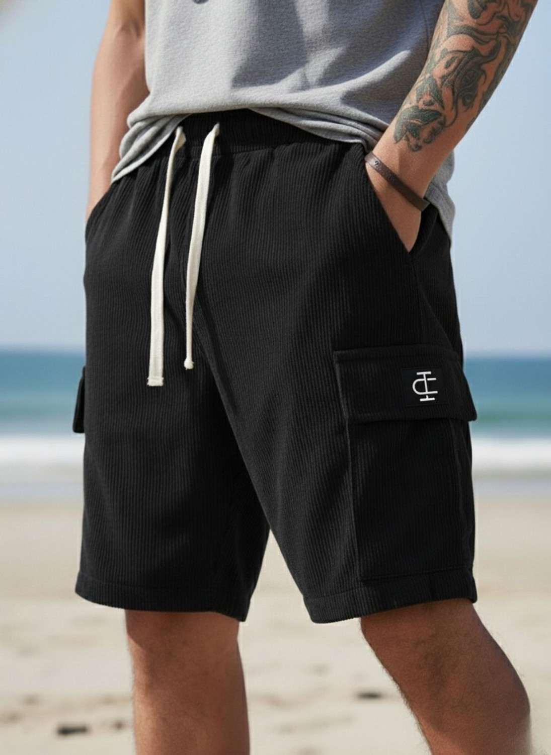 Image of INDICLUB Self Design Men Black Cargo Shorts