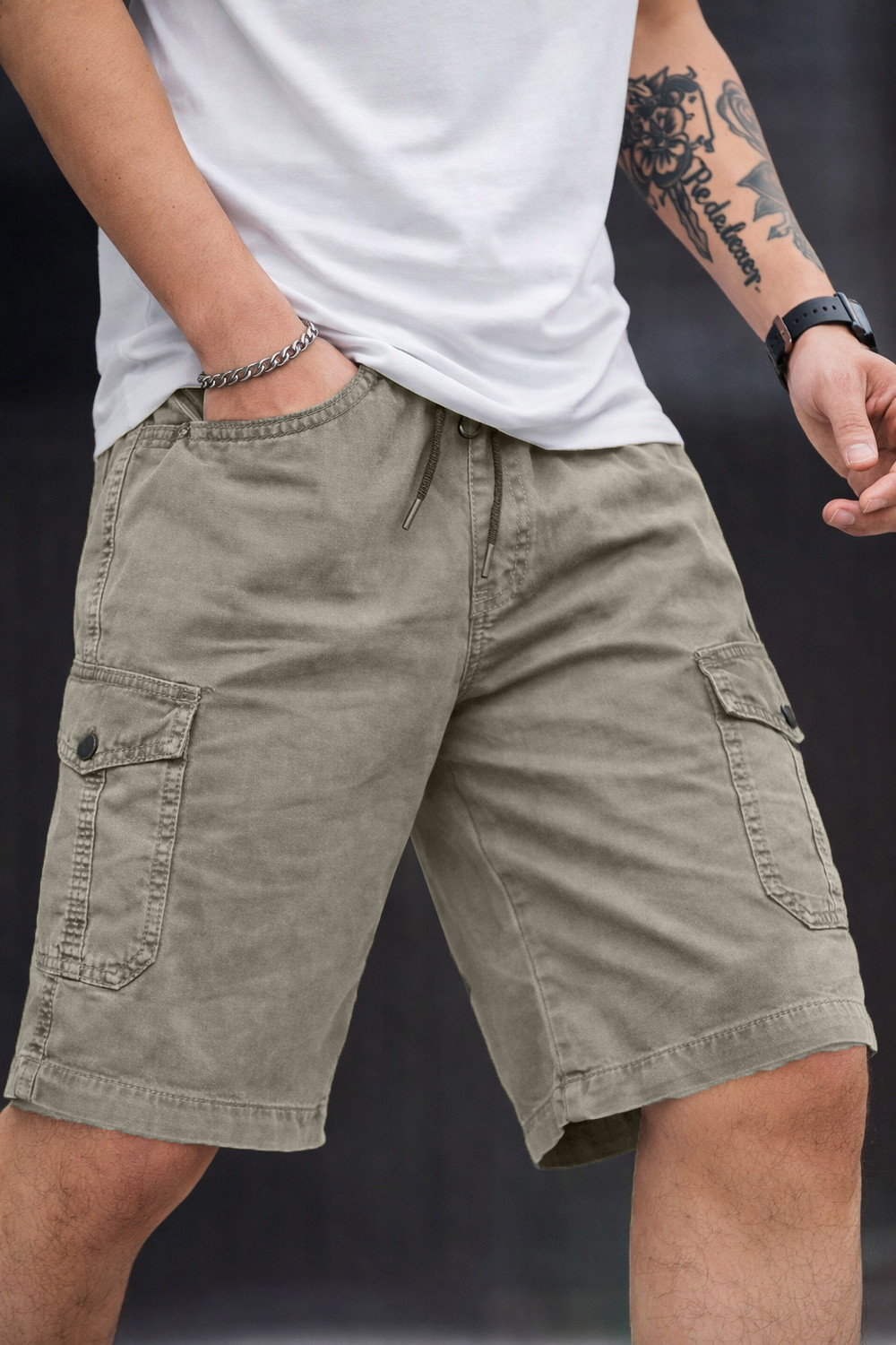 Image of Plus91 Solid Men Denim Brown Cargo Shorts