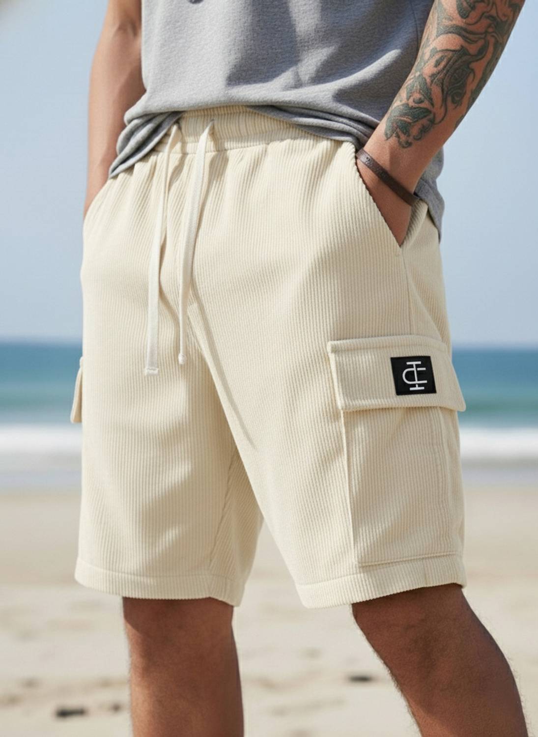 INDICLUB Men Beige Cargo Shorts - Image 1