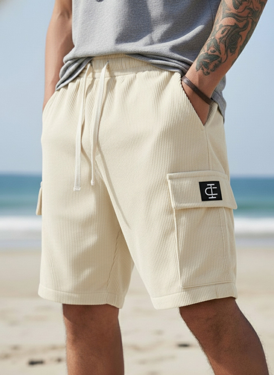 Image of INDICLUB Self Design Men Beige Cargo Shorts