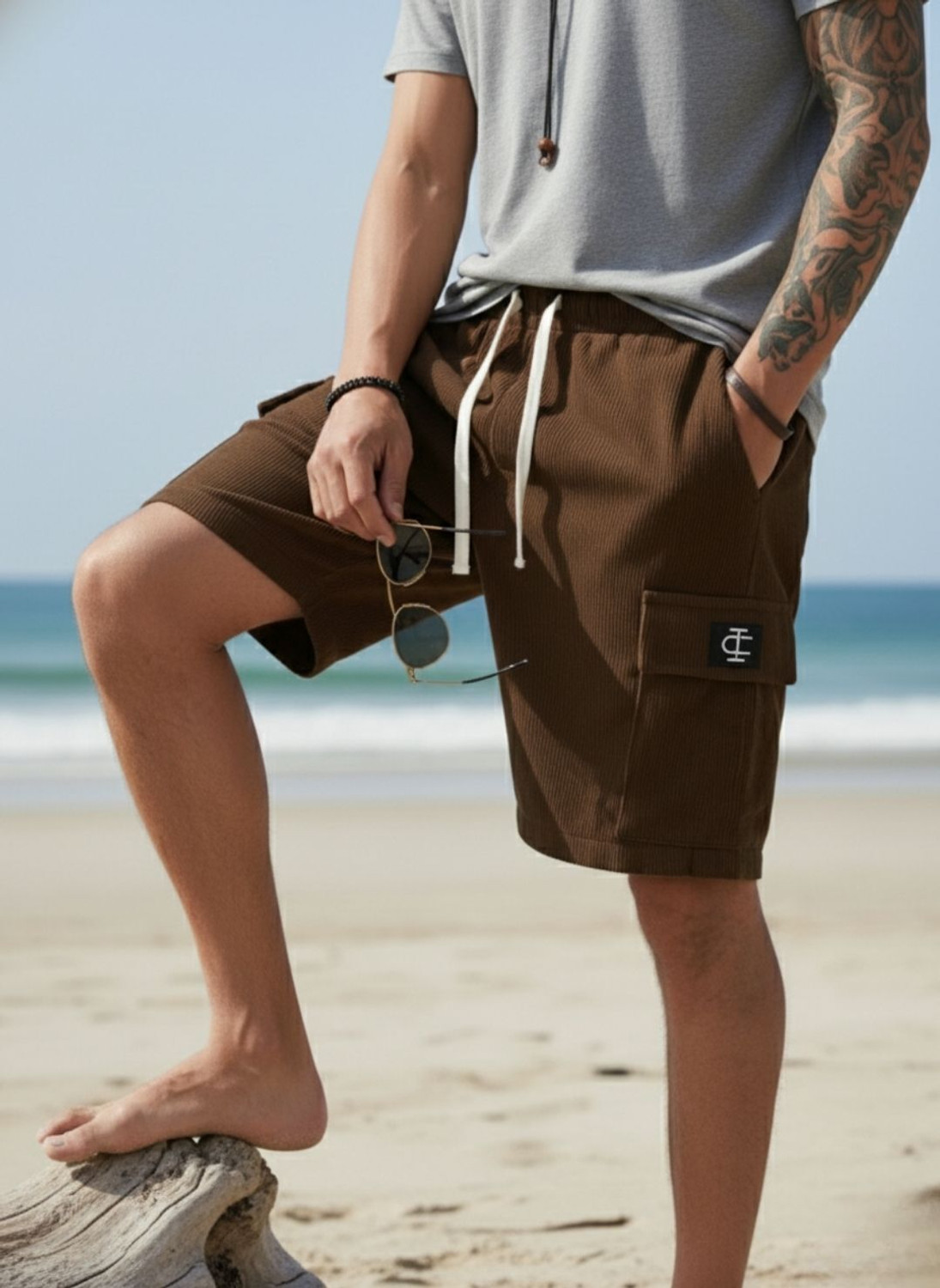 Image of INDICLUB Self Design Men Brown Cargo Shorts