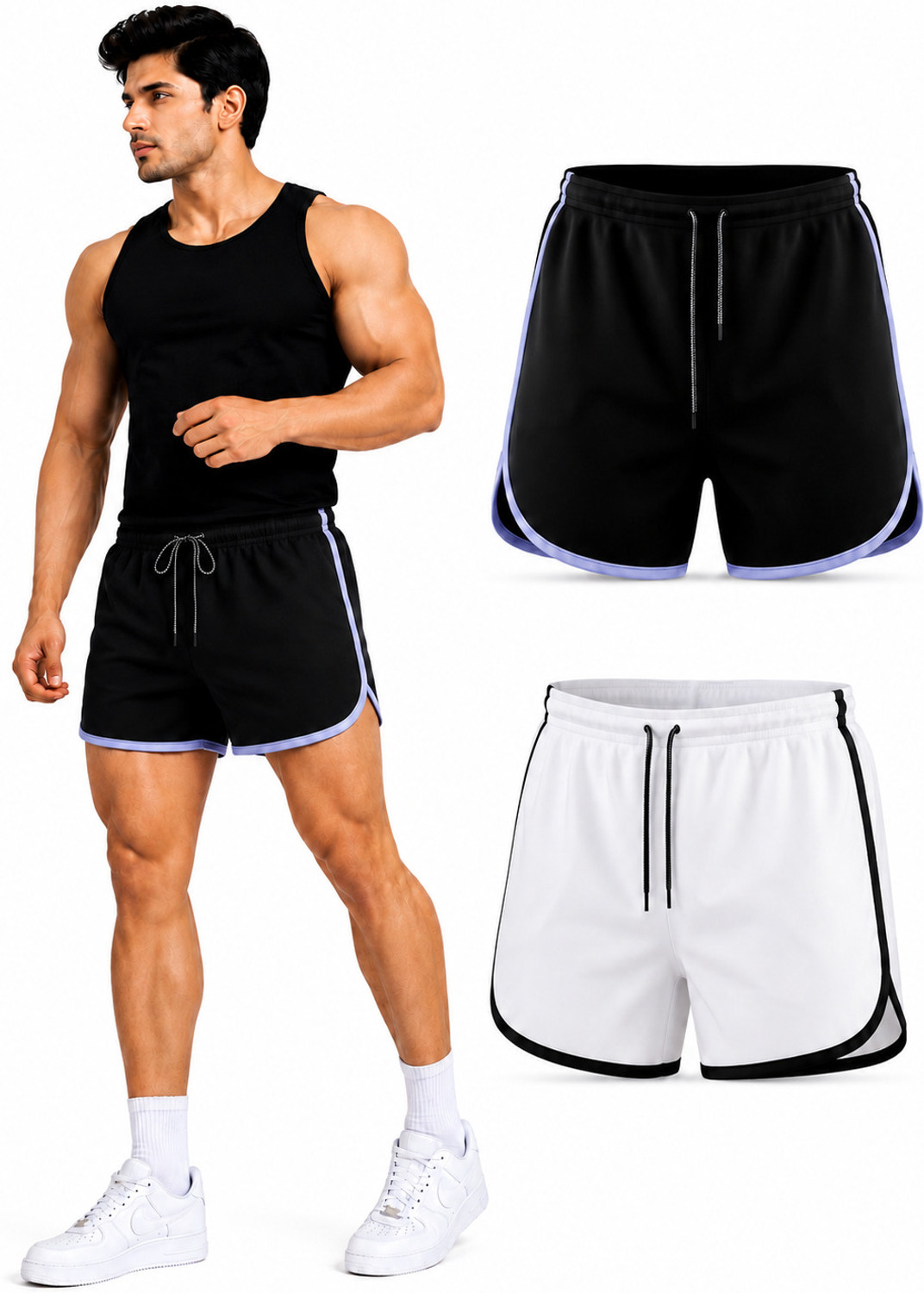 Image of orxx Pack of 2 Printed Men White, Black Running Shorts, Gym Shorts