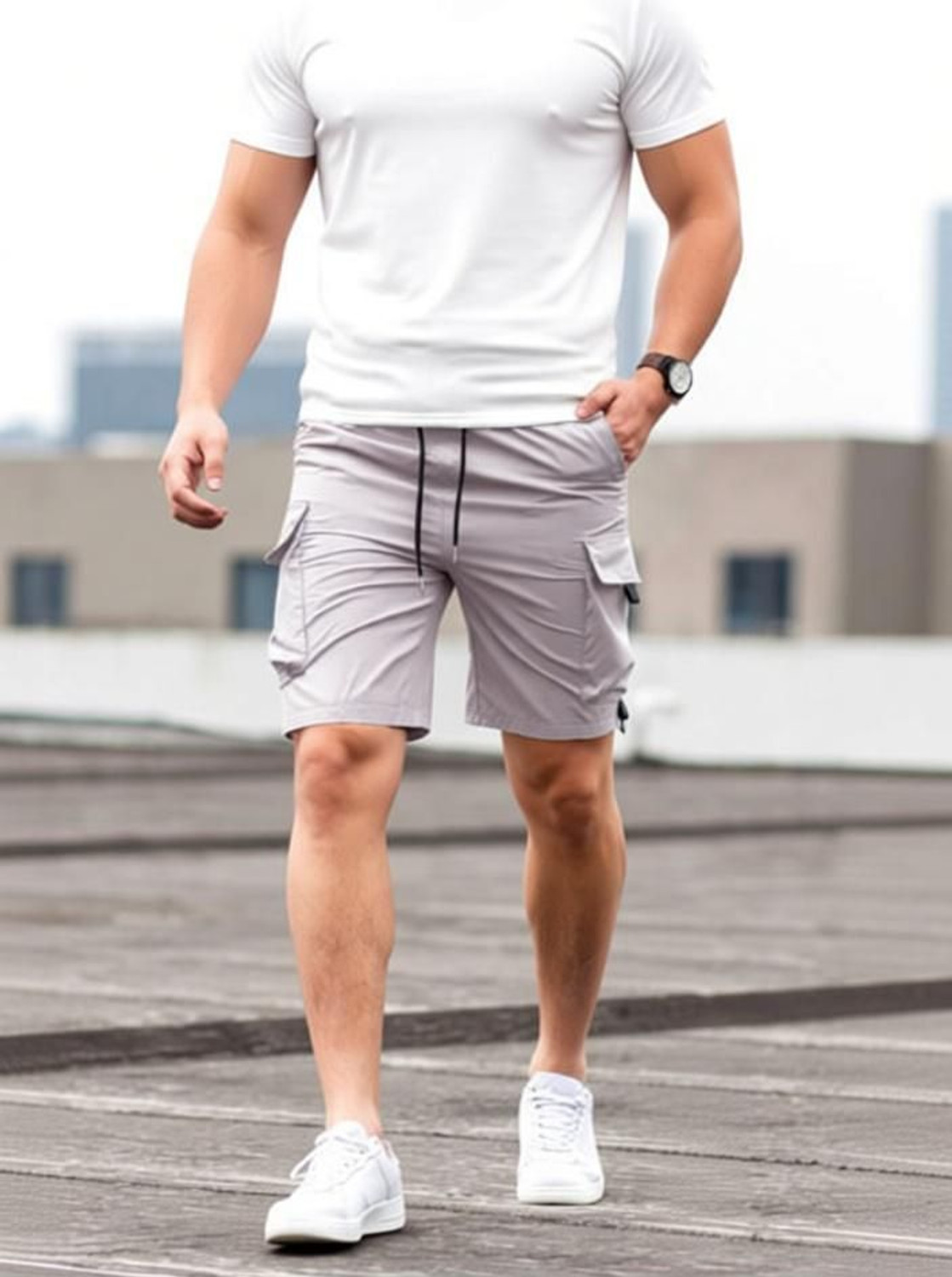 Image of RGN Solid Men Grey Cargo Shorts