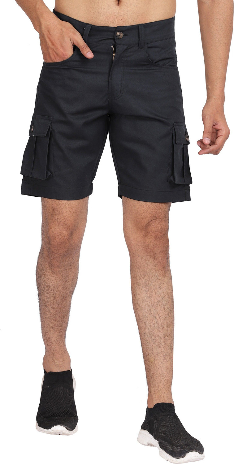 Image of CLOTHINK India Solid Men Black Cargo Shorts