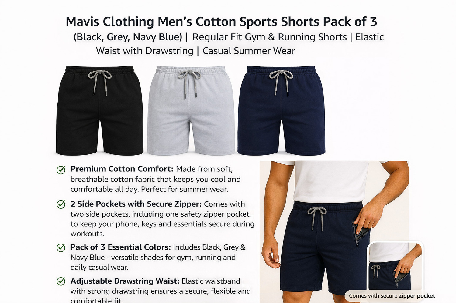Image of Mavis Solid Men Black, Grey, Dark Blue Regular Shorts