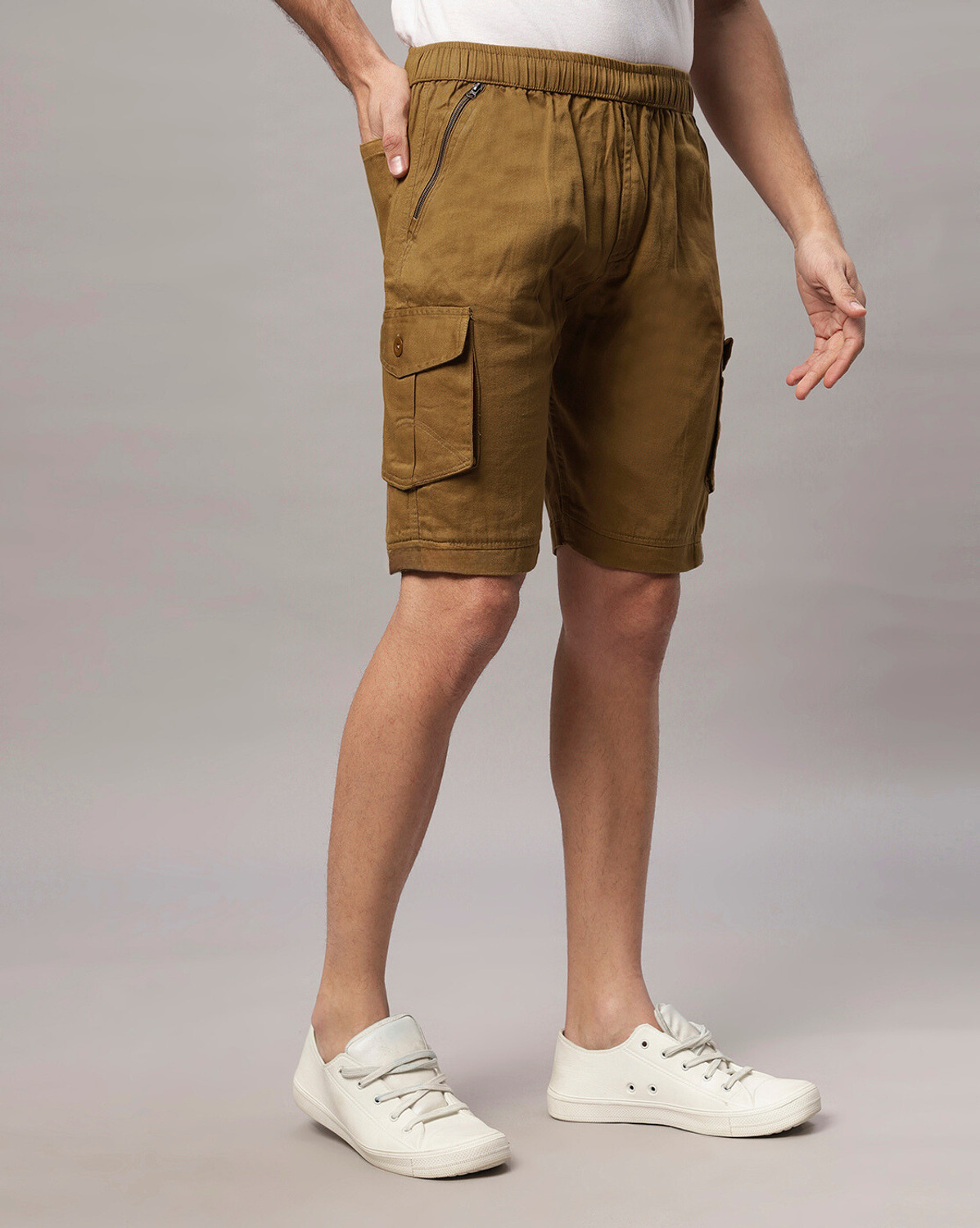 Image of Ho Bindaass Solid Men Khaki Cargo Shorts