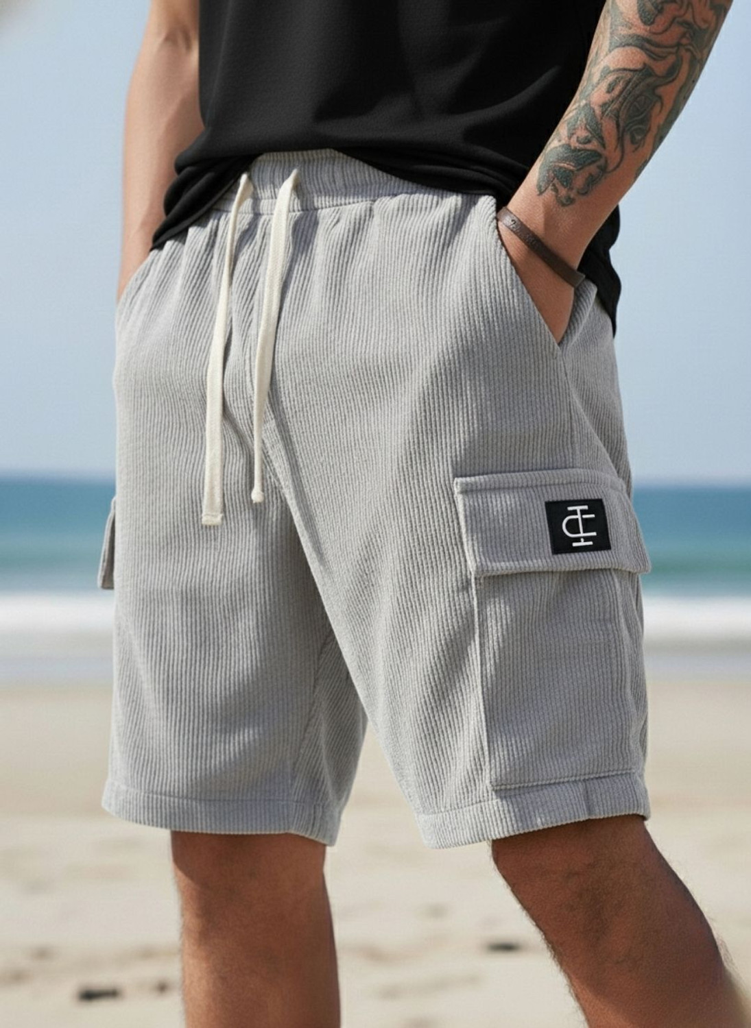 Image of INDICLUB Self Design Men Silver Cargo Shorts