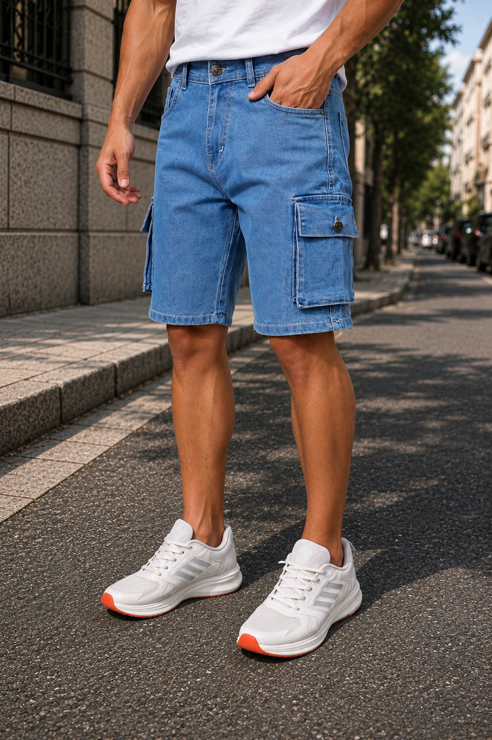 Image of Creation By London Hills Solid Men Light Blue Cargo Shorts