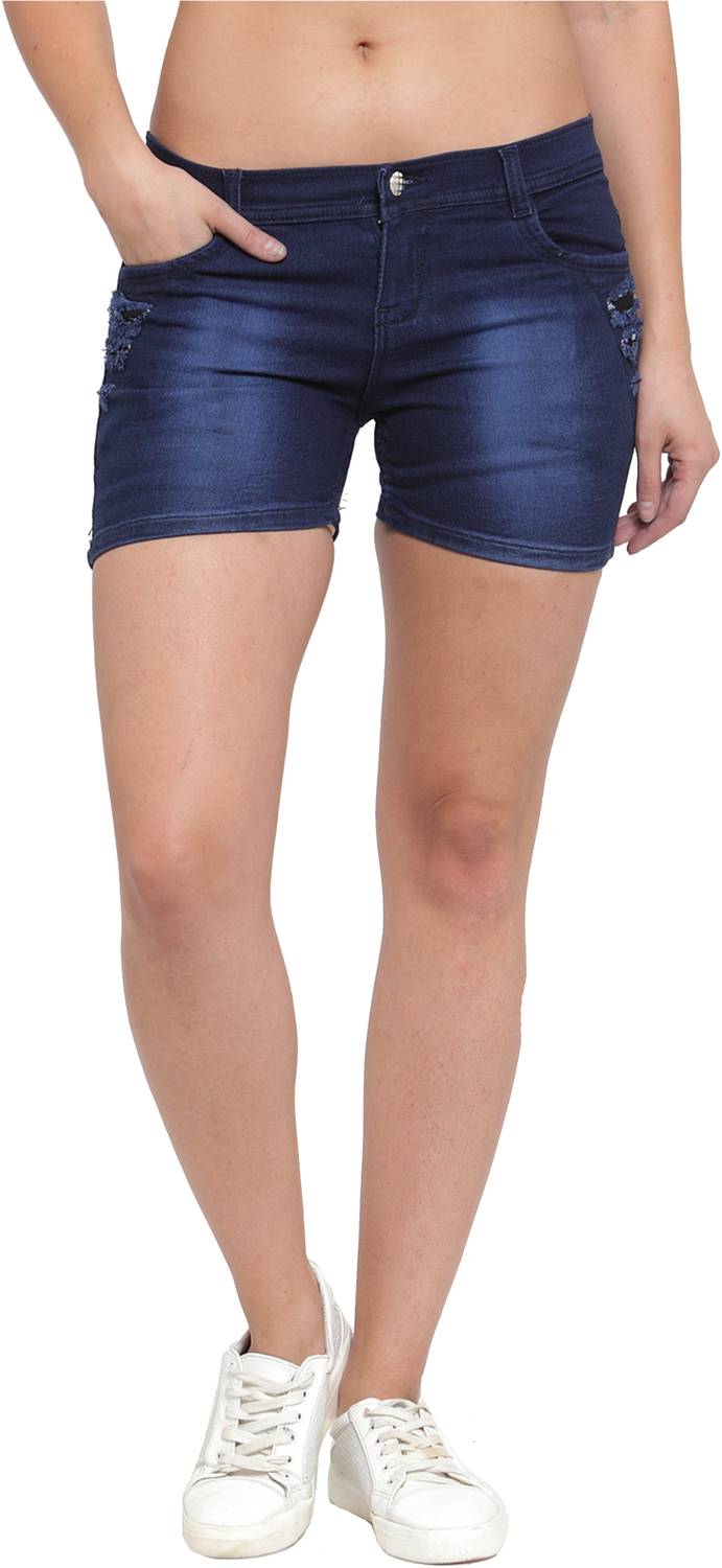 F2M Solid Women Denim Dark Blue Denim Shorts