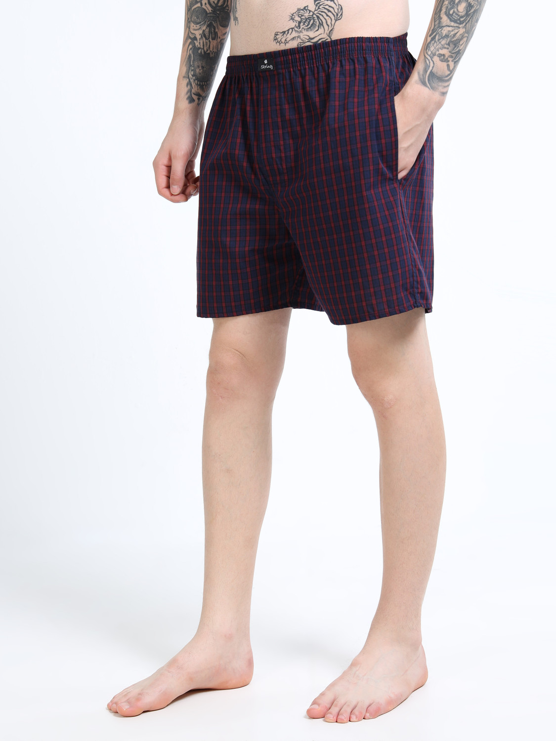 Image of String Checkered Men Maroon, Dark Blue Boxer Shorts