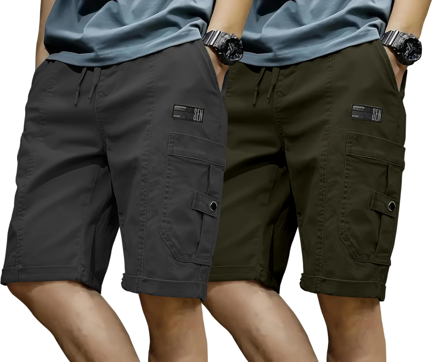 Image of ZARTHA Solid Men Dark Grey, Green Cargo Shorts