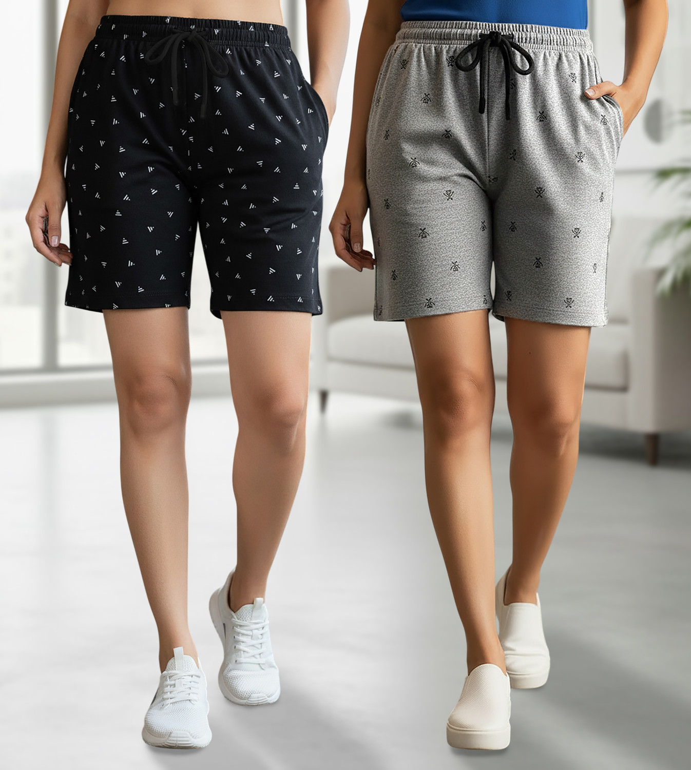 Image of Guide Printed Women Black, Grey Regular Shorts
