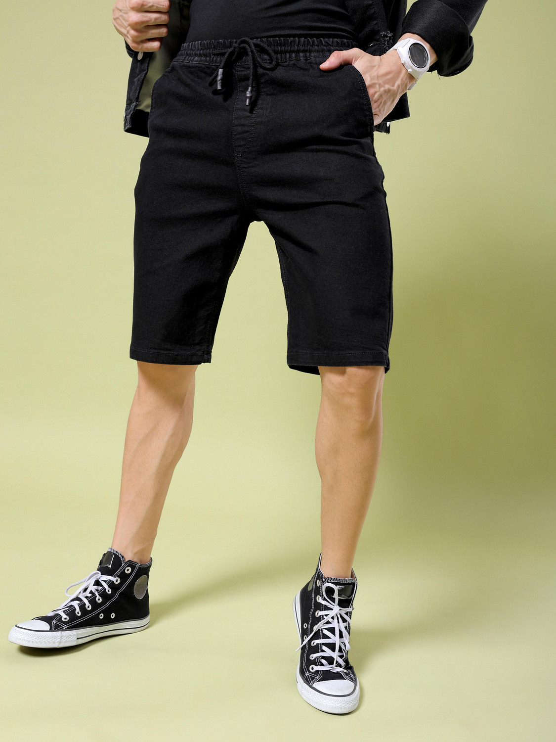 Image of The Indian Garage Co. Solid Men Black Denim Shorts
